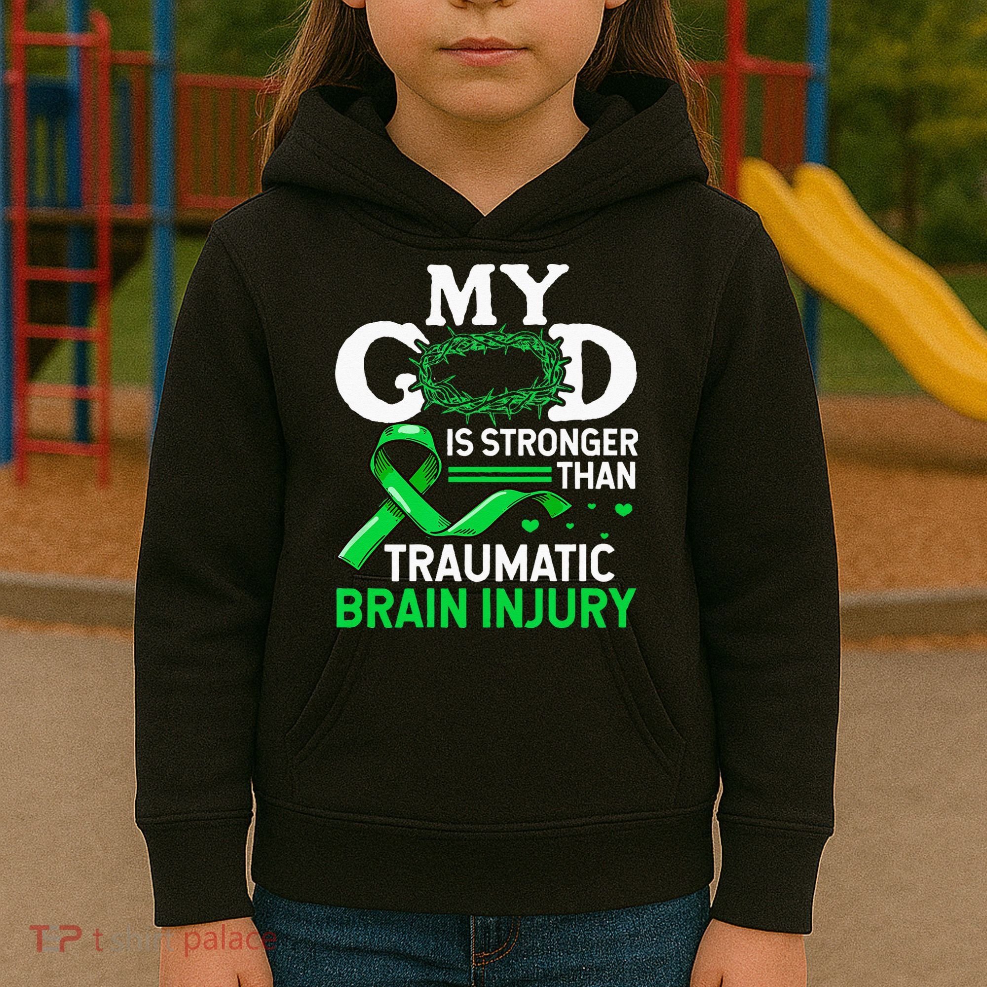 TBI Awareness My God Is Stronger Than Traumatic Brain Injury Kids Hoodie