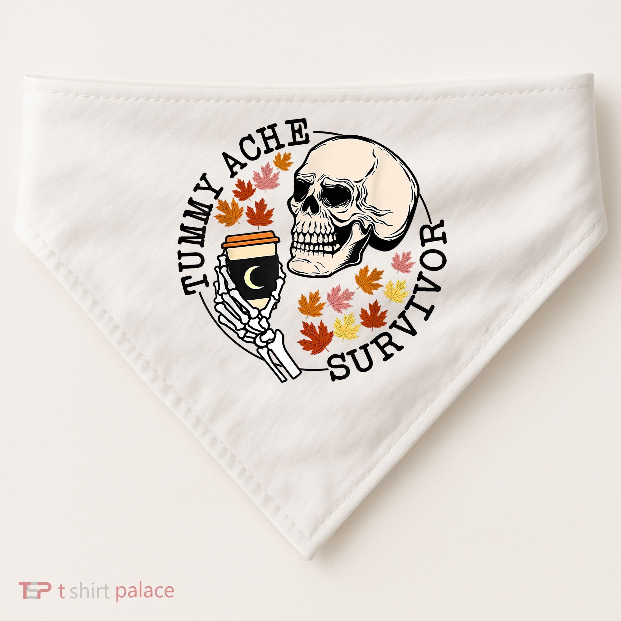 Tummy Ache Survivor Funny Skeleton Drinking Coffee In Autumn Fall Season USA-Made Doggie Bandana