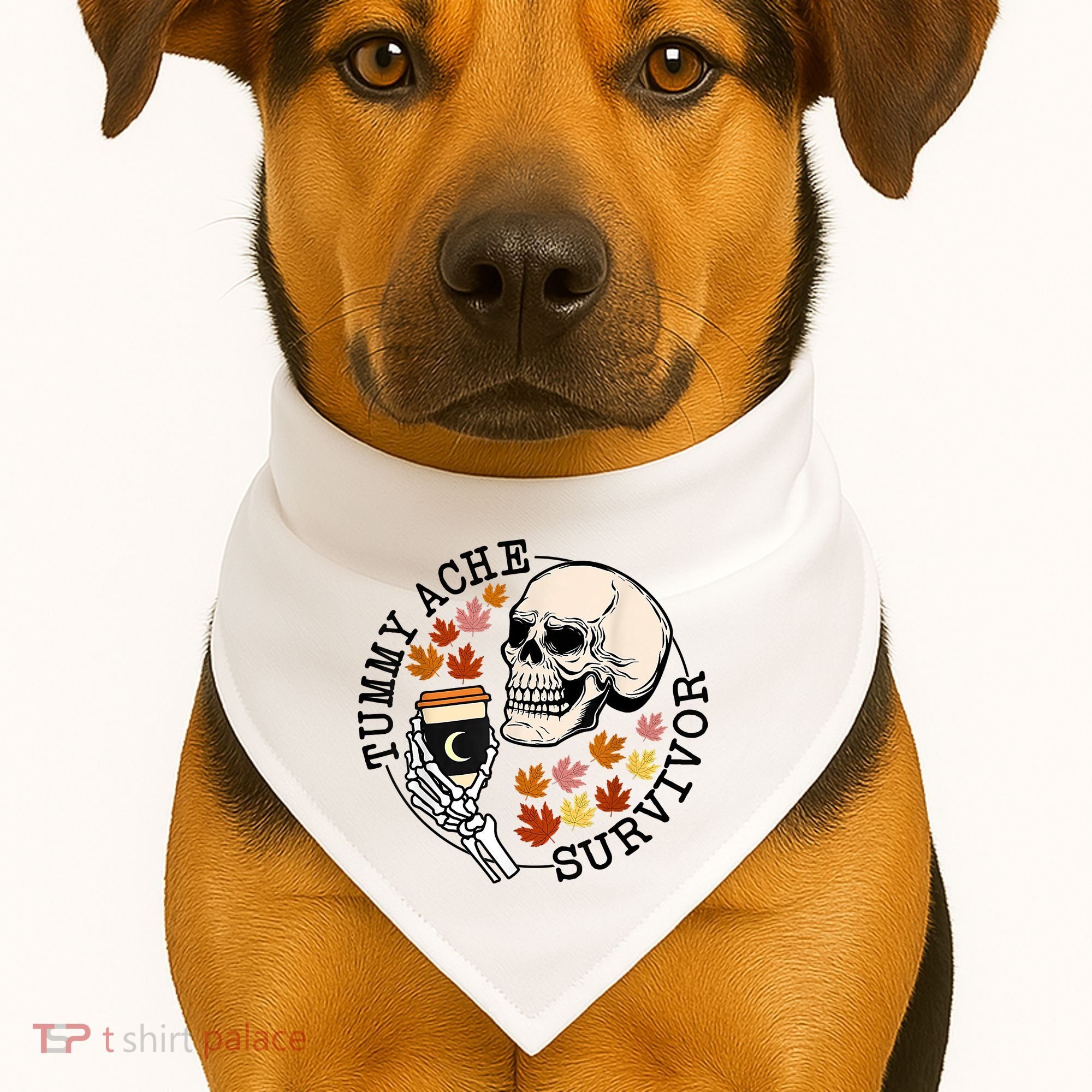 Tummy Ache Survivor Funny Skeleton Drinking Coffee In Autumn Fall Season USA-Made Doggie Bandana