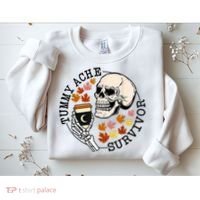 Tummy Ache Survivor Funny Skeleton Drinking Coffee In Autumn Fall Season Sweatshirt thumb 2