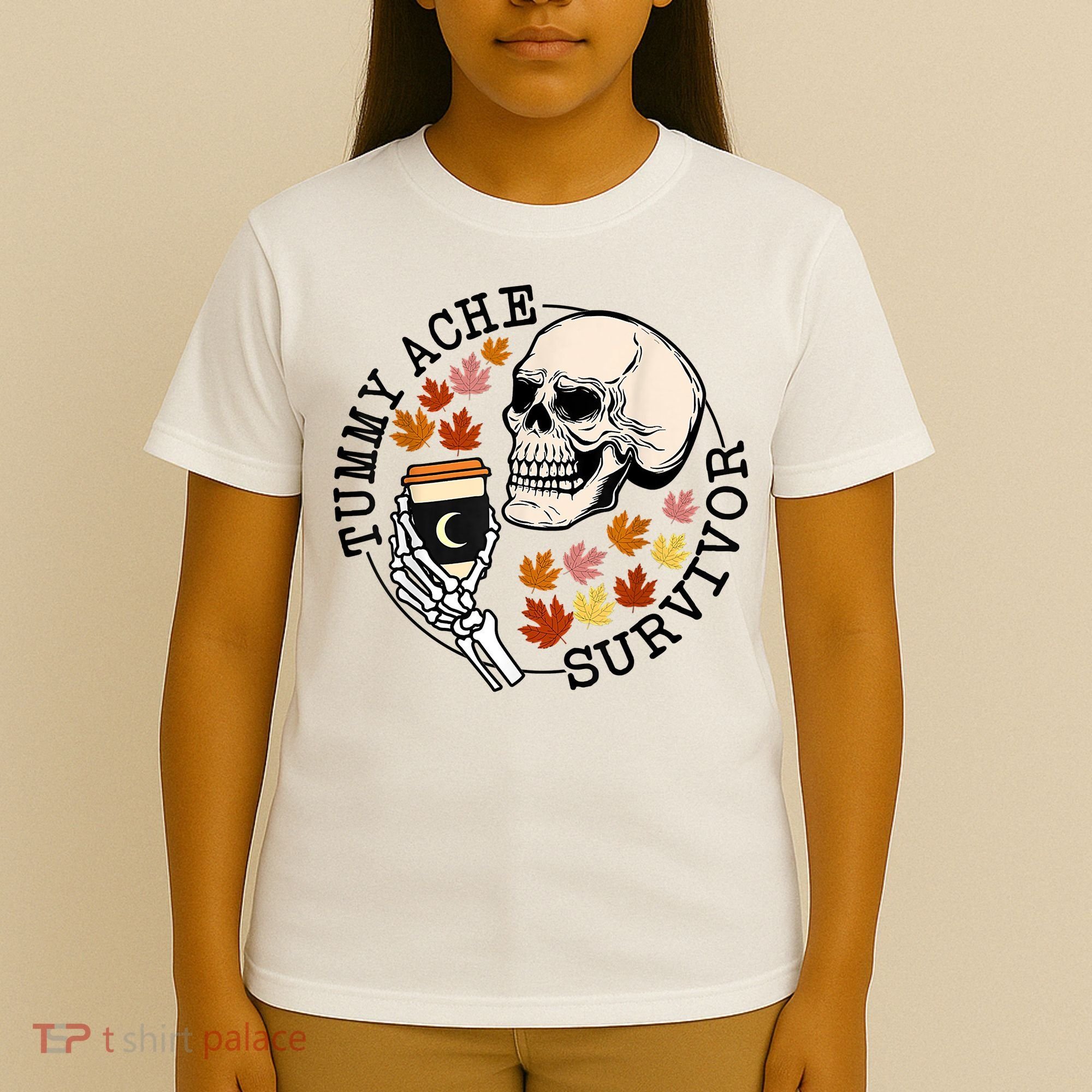 Tummy Ache Survivor Funny Skeleton Drinking Coffee In Autumn Fall Season T-Shirt