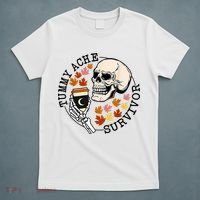 Tummy Ache Survivor Funny Skeleton Drinking Coffee In Autumn Fall Season T-Shirt thumb 5