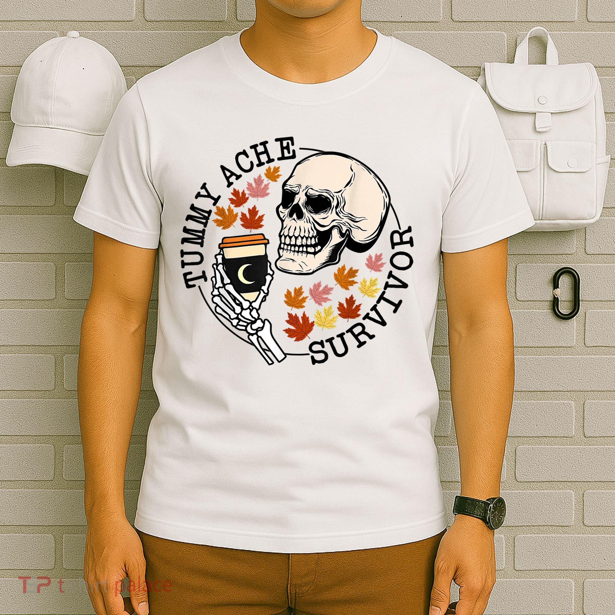 Tummy Ache Survivor Funny Skeleton Drinking Coffee In Autumn Fall Season T-Shirt