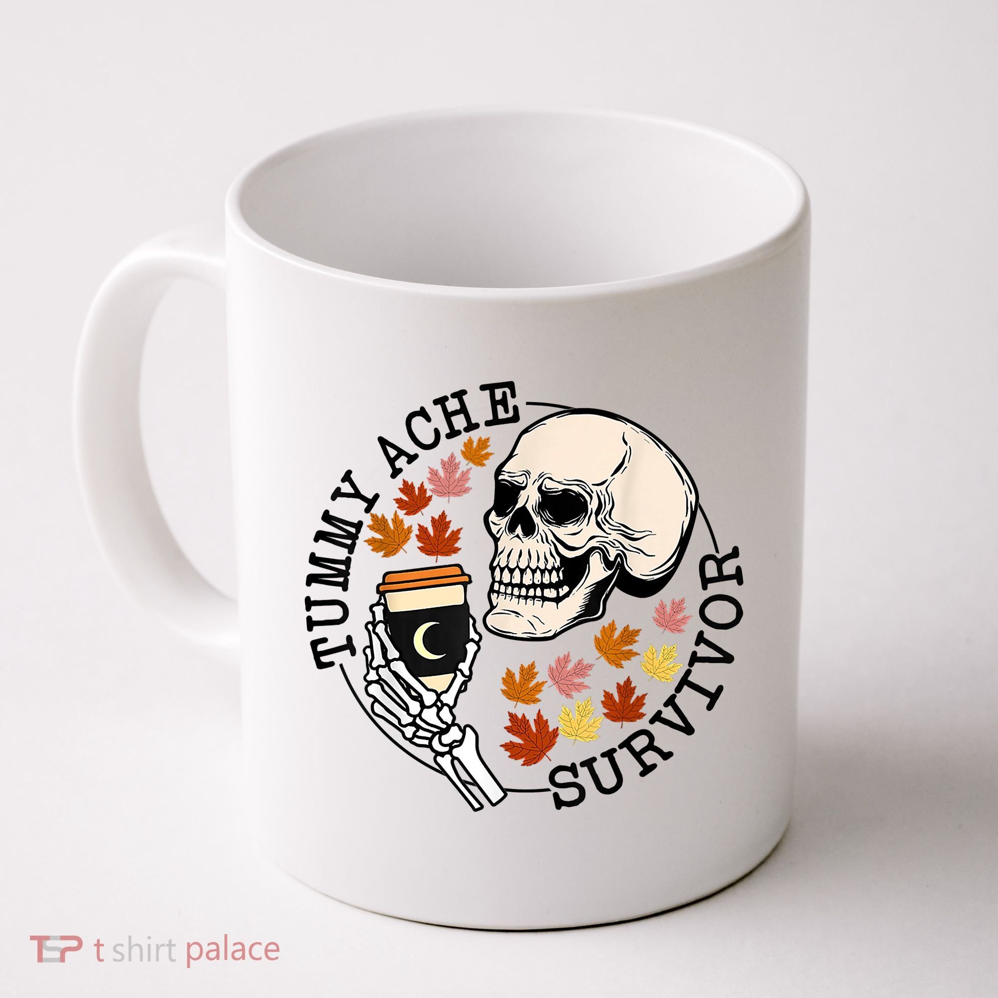 Tummy Ache Survivor Funny Skeleton Drinking Coffee In Autumn Fall Season Coffee Mug