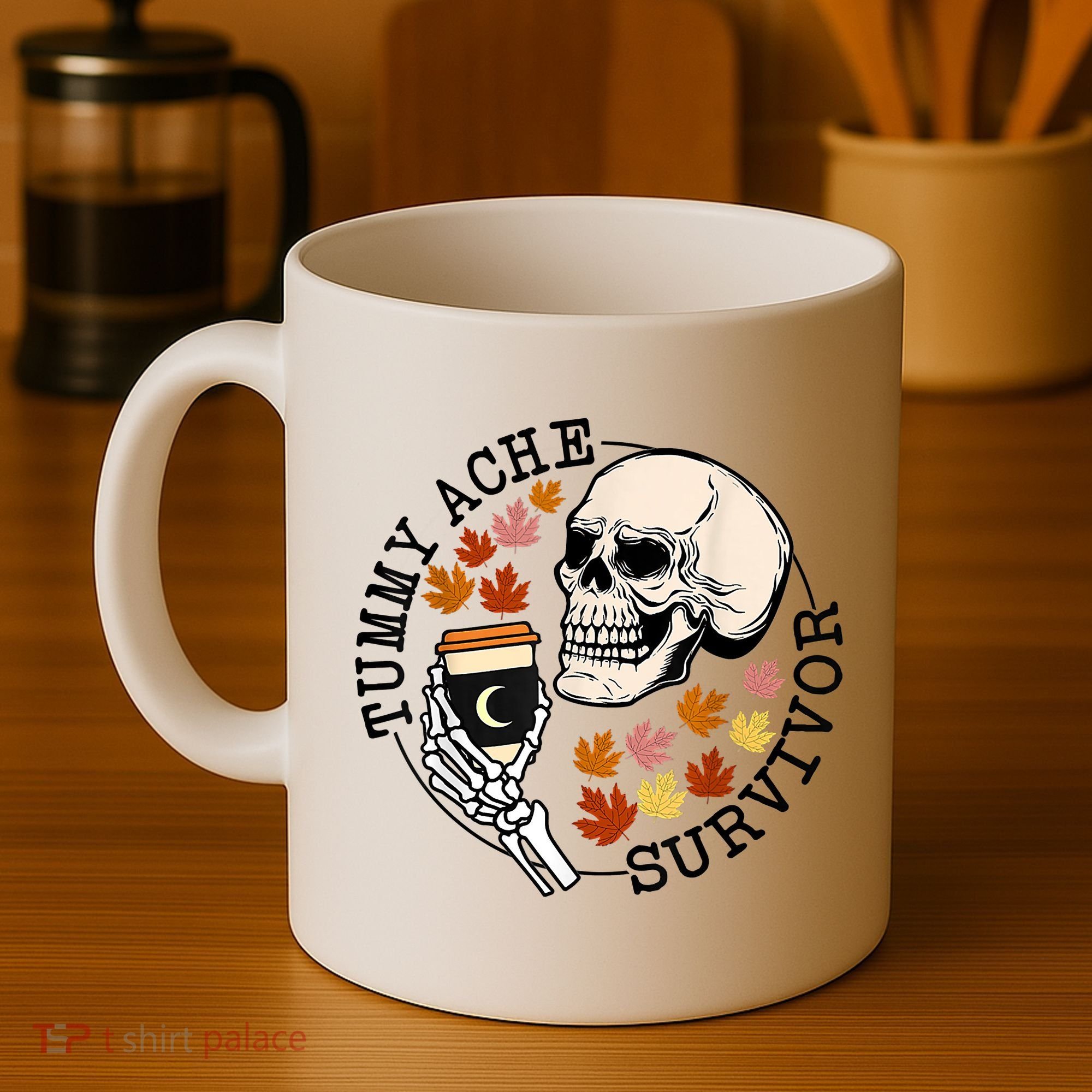 Tummy Ache Survivor Funny Skeleton Drinking Coffee In Autumn Fall Season Coffee Mug