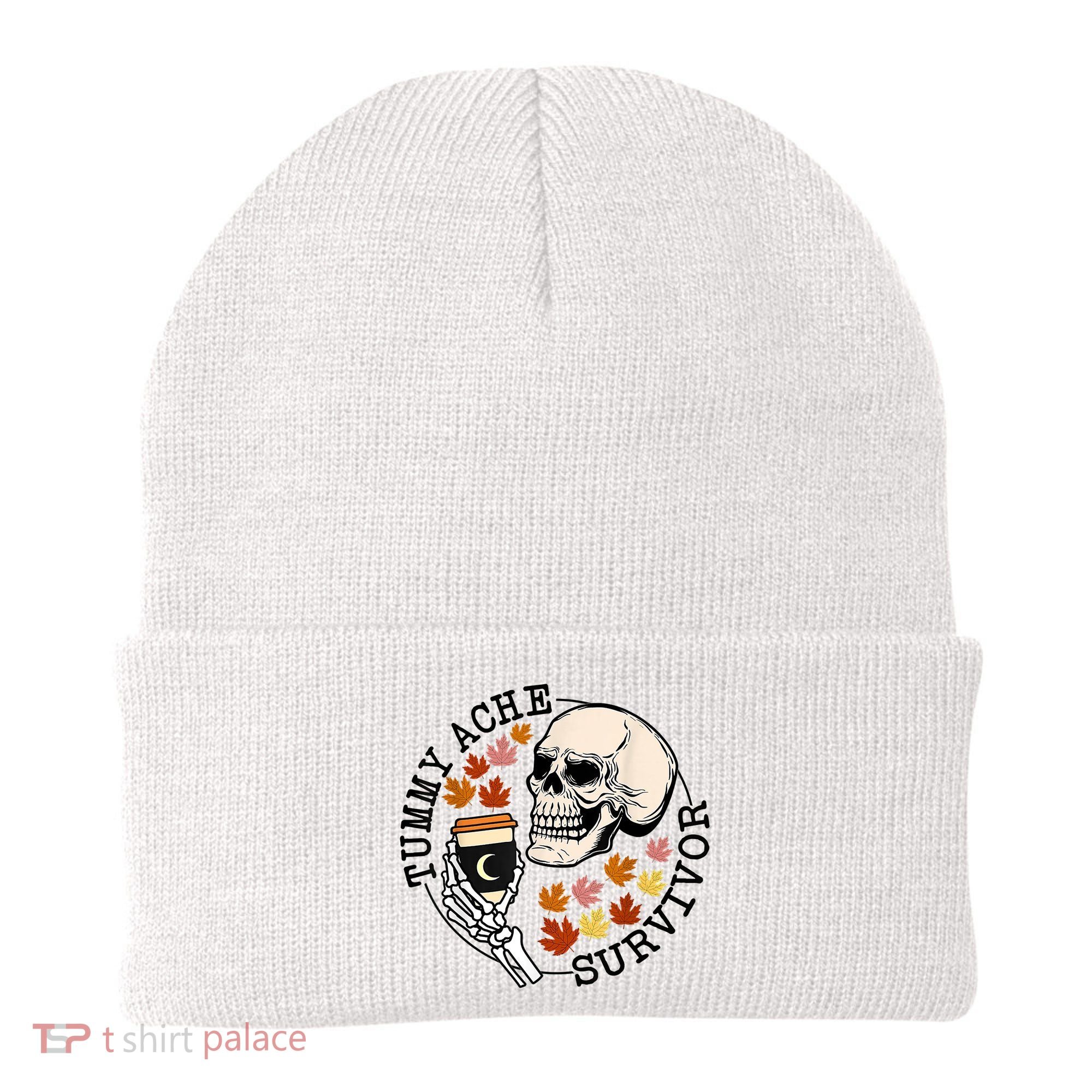 Tummy Ache Survivor Funny Skeleton Drinking Coffee In Autumn Fall Season Beanie