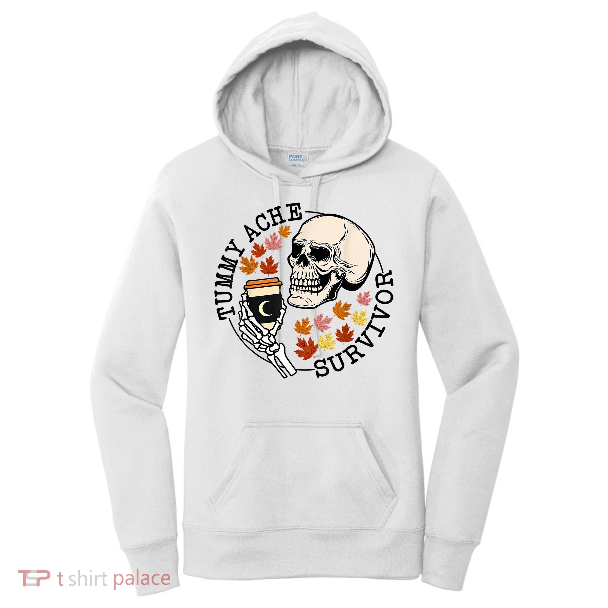Tummy Ache Survivor Funny Skeleton Drinking Coffee In Autumn Fall Season Women's Hoodie