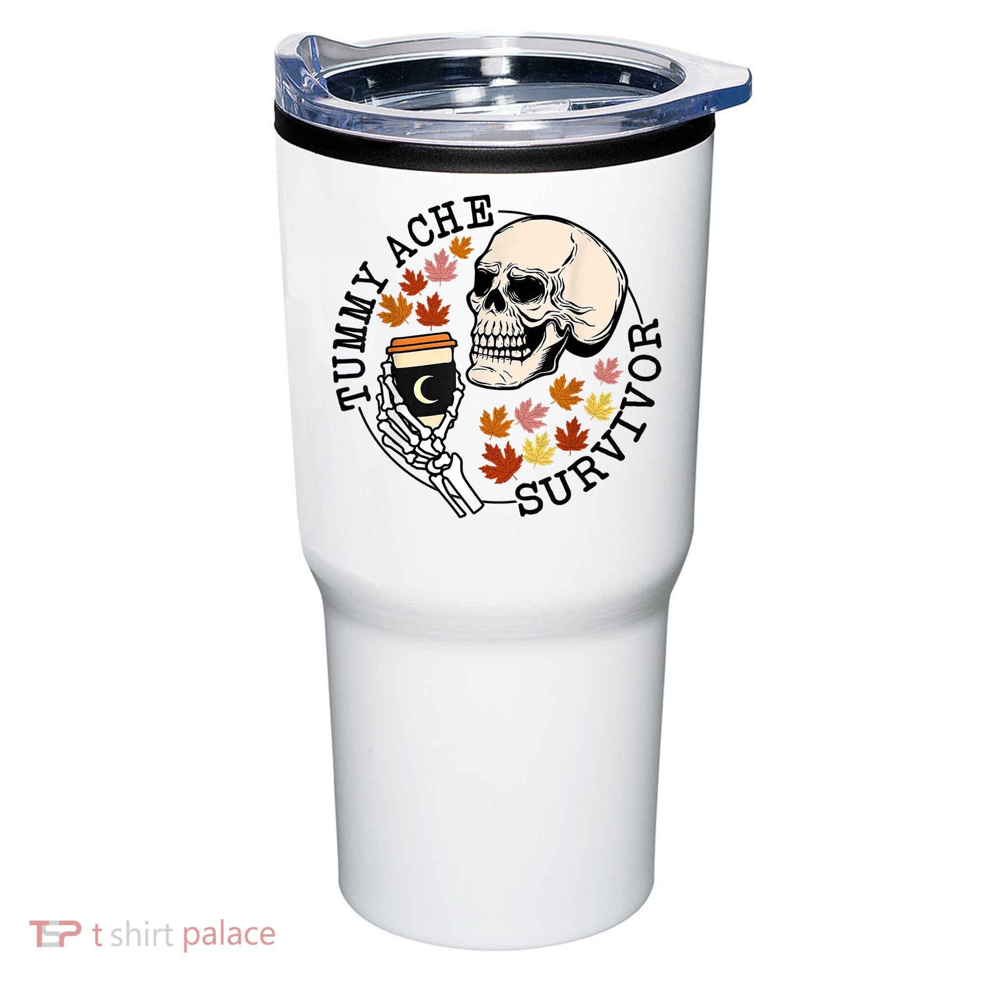 Tummy Ache Survivor Funny Skeleton Drinking Coffee In Autumn Fall Season Tumbler