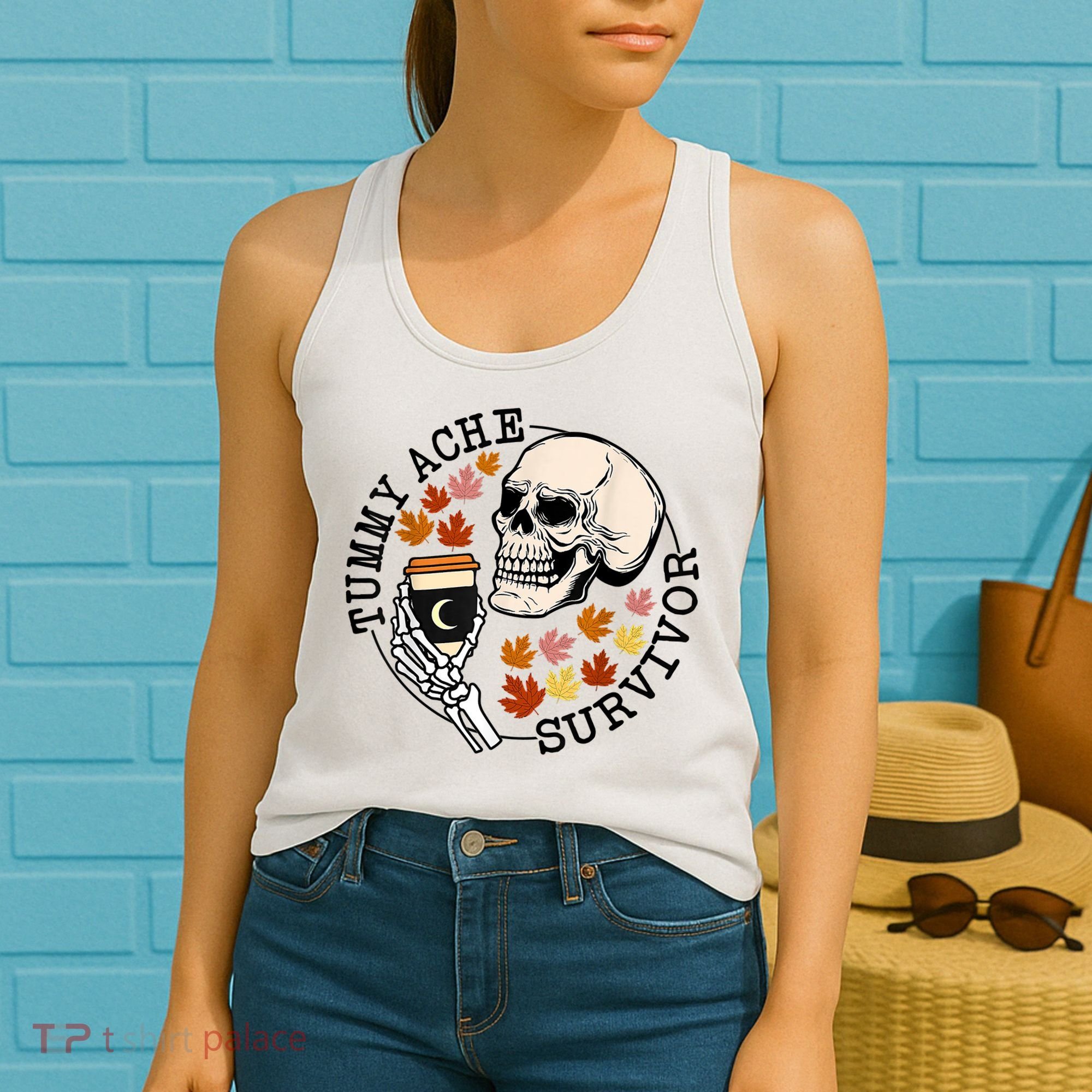 Tummy Ache Survivor Funny Skeleton Drinking Coffee In Autumn Fall Season Women's Tank Top