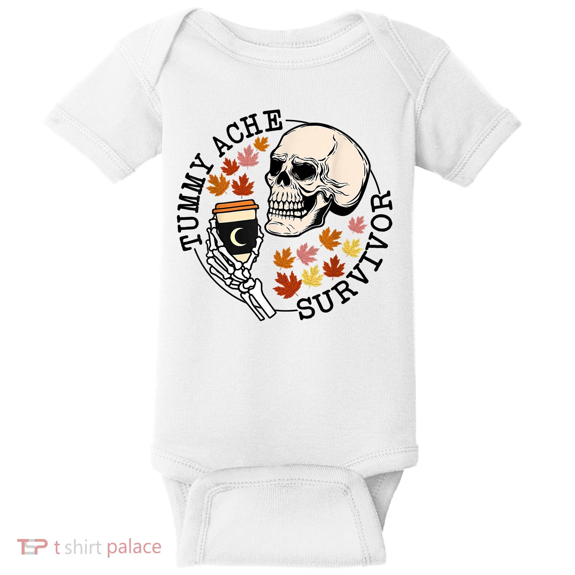 Tummy Ache Survivor Funny Skeleton Drinking Coffee In Autumn Fall Season Baby Bodysuit