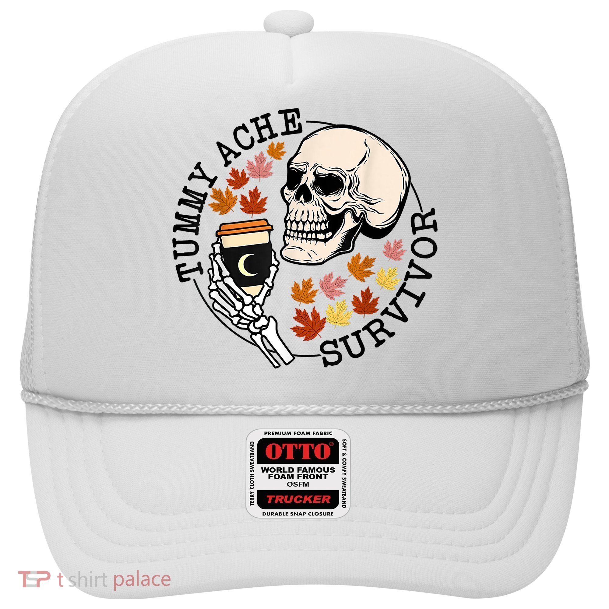 Tummy Ache Survivor Funny Skeleton Drinking Coffee In Autumn Fall Season Hat