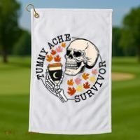 Tummy Ache Survivor Funny Skeleton Drinking Coffee In Autumn Fall Season Golf Towel thumb 1