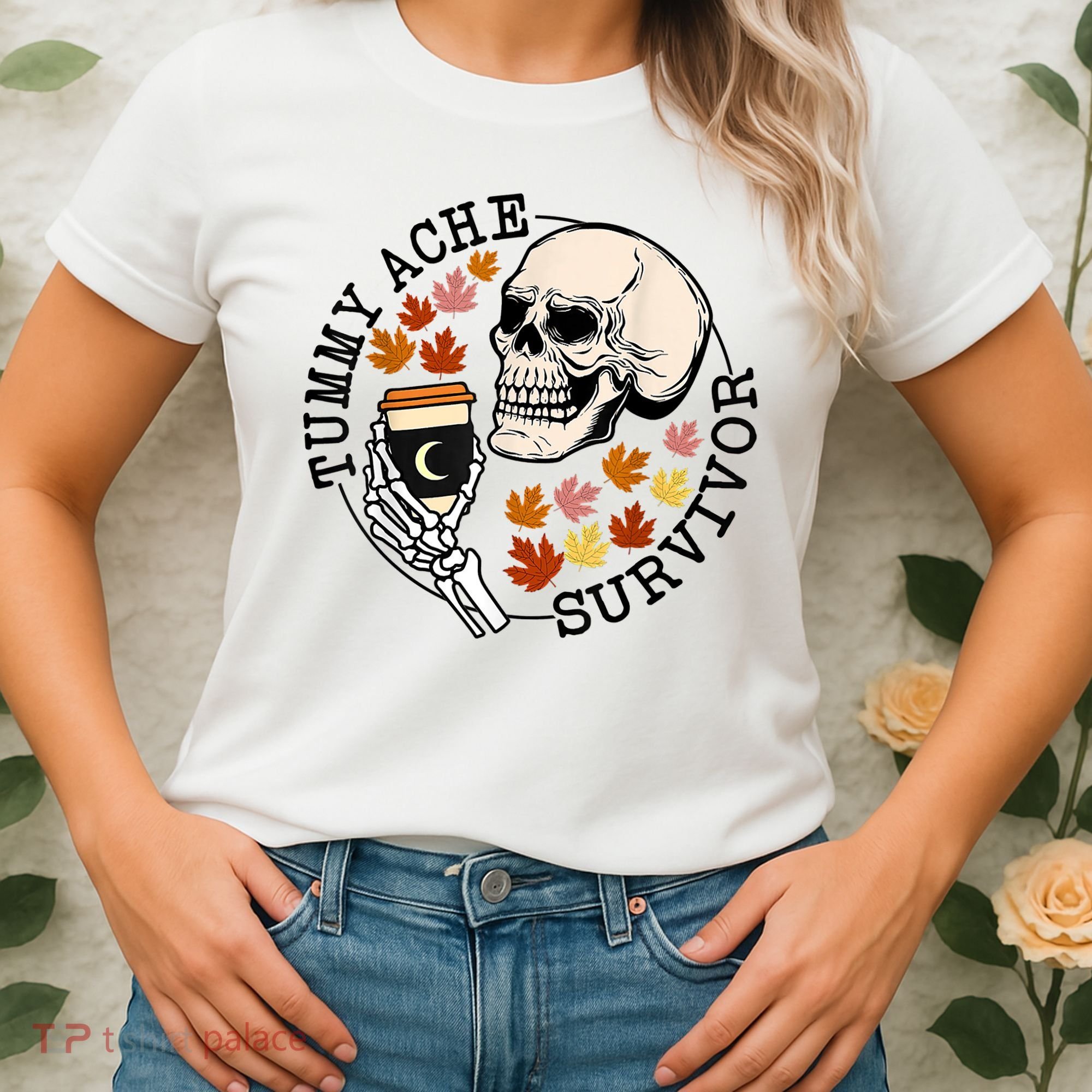 Tummy Ache Survivor Funny Skeleton Drinking Coffee In Autumn Fall Season Women's T-Shirt