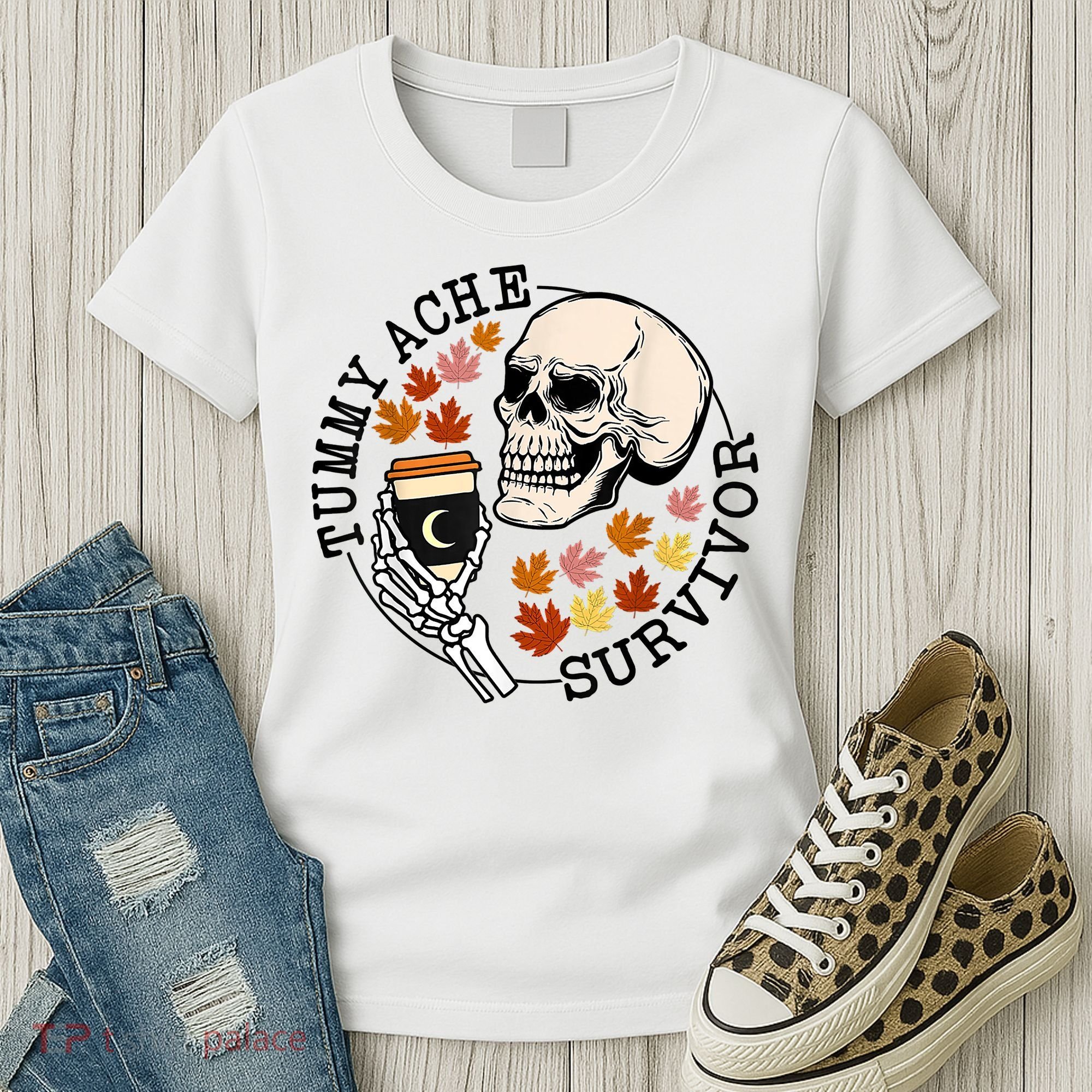 Tummy Ache Survivor Funny Skeleton Drinking Coffee In Autumn Fall Season Women's T-Shirt