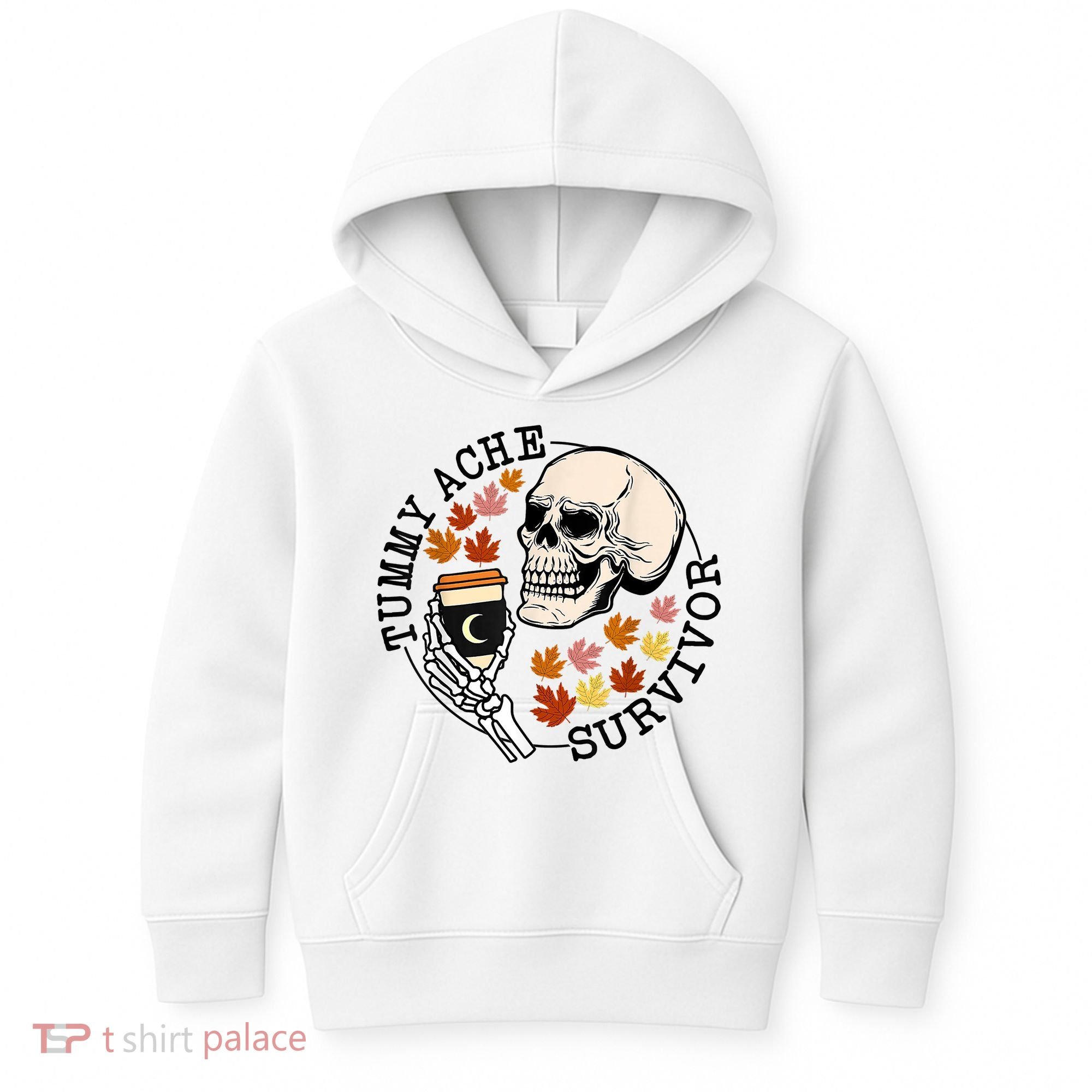 Tummy Ache Survivor Funny Skeleton Drinking Coffee In Autumn Fall Season Kids Hoodie