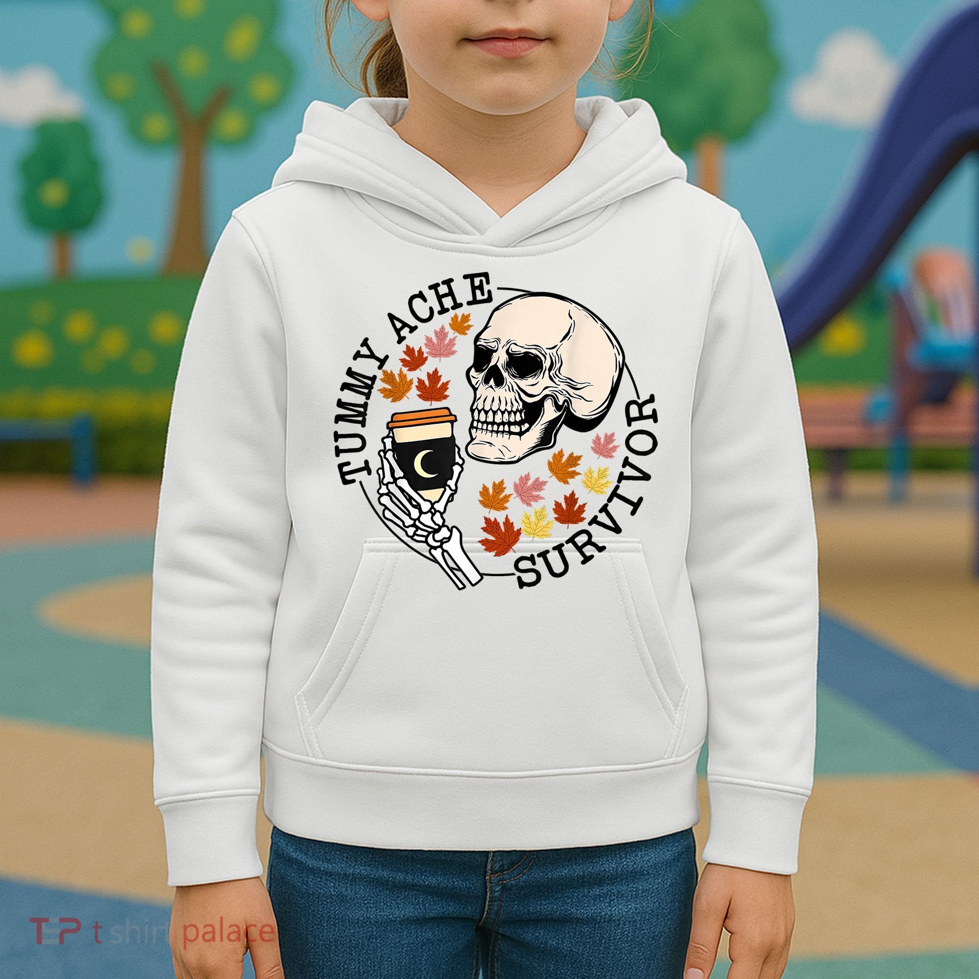 Tummy Ache Survivor Funny Skeleton Drinking Coffee In Autumn Fall Season Kids Hoodie