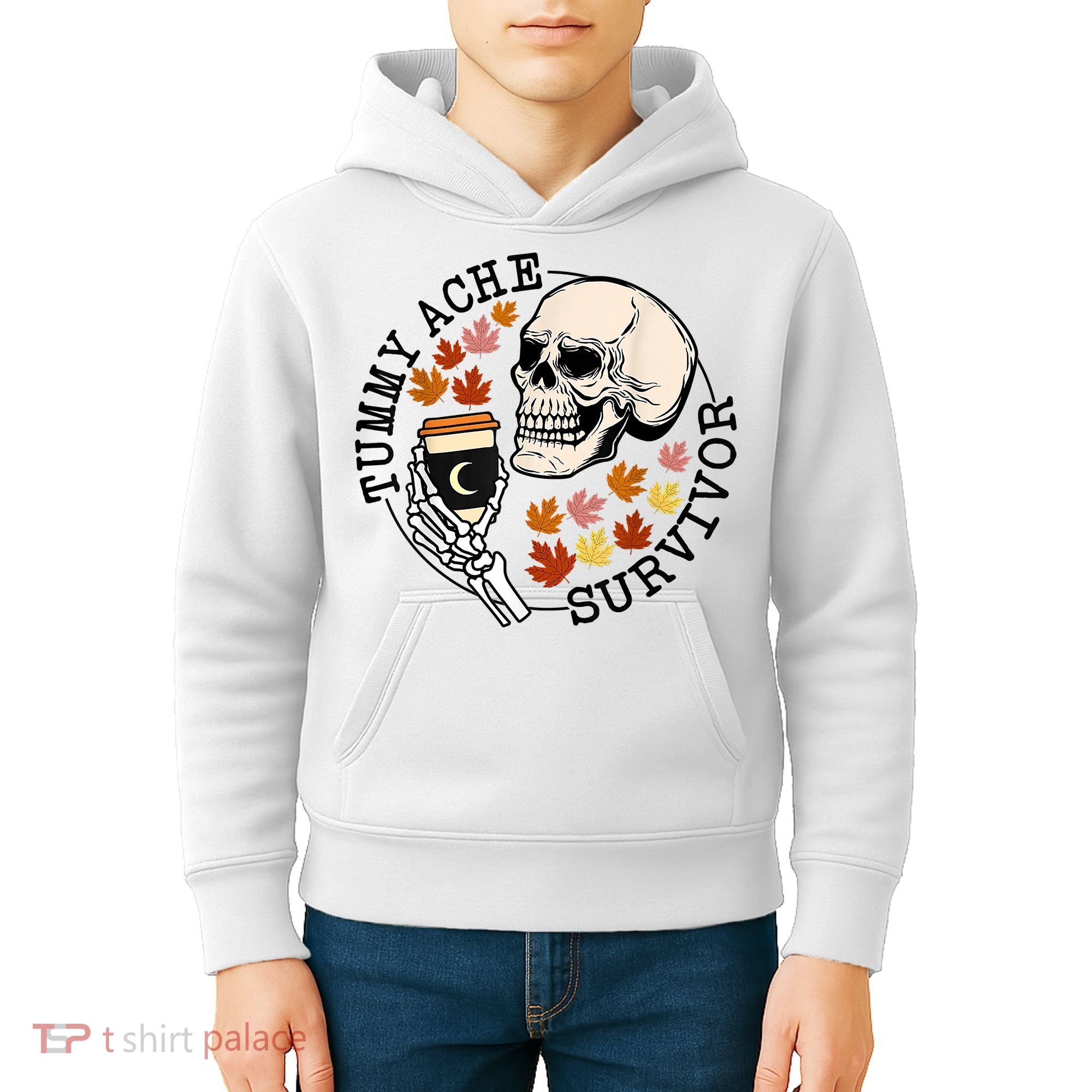 Tummy Ache Survivor Funny Skeleton Drinking Coffee In Autumn Fall Season Kids Hoodie