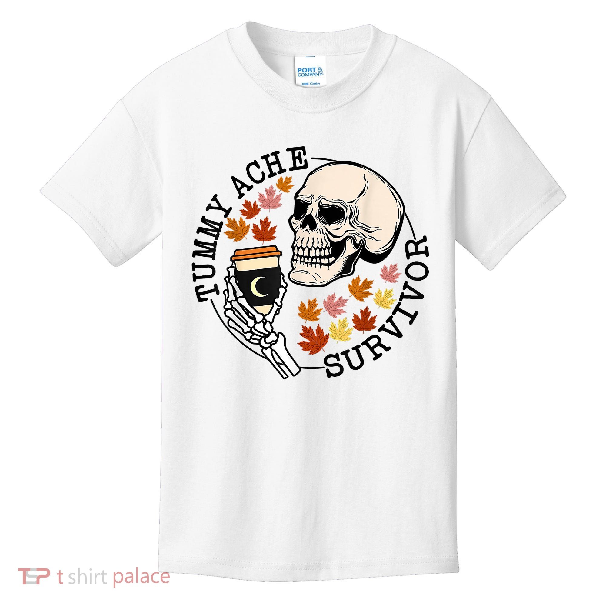 Tummy Ache Survivor Funny Skeleton Drinking Coffee In Autumn Fall Season Kids T-Shirt