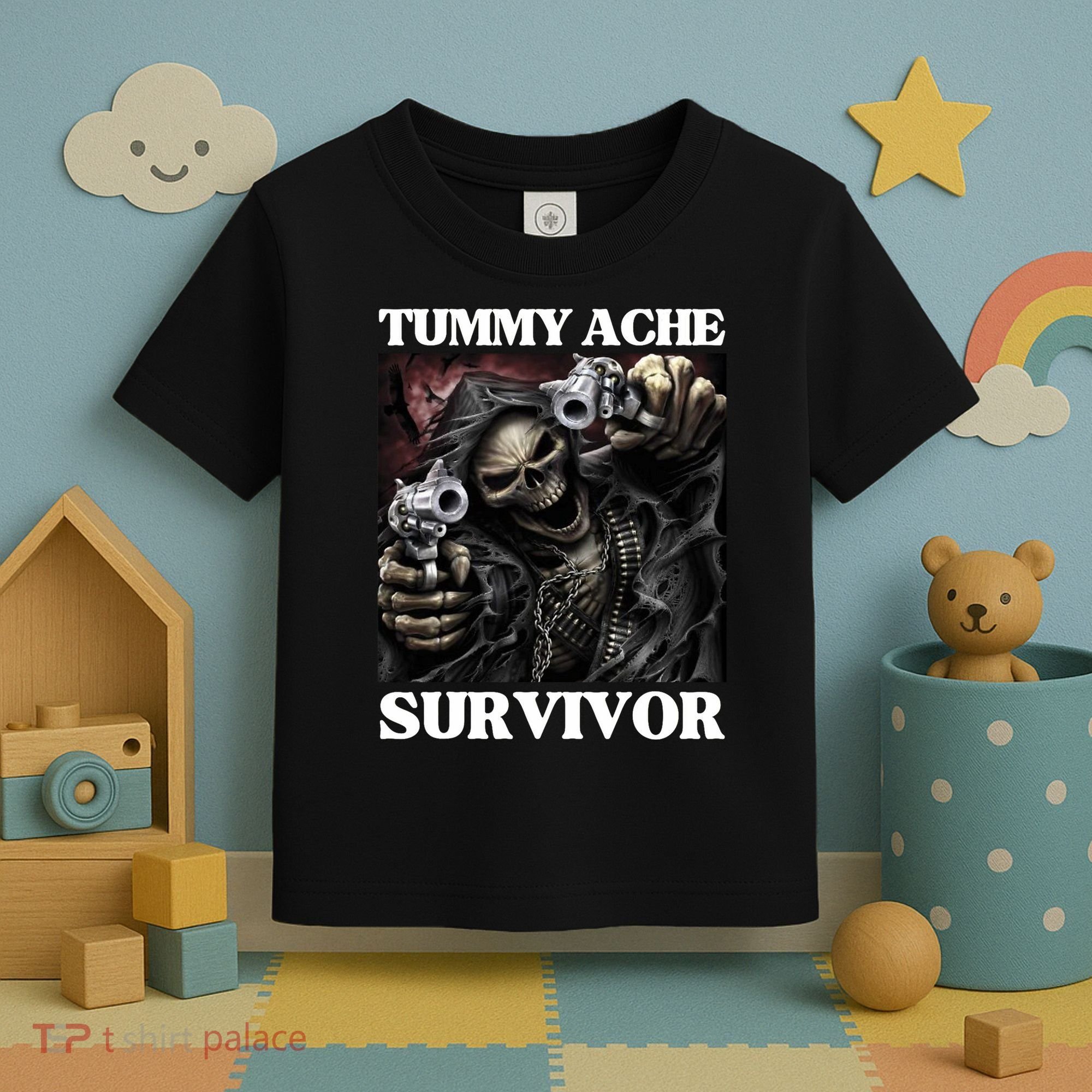 Tummy Ache Survivor Funny Cool Edgy Hard Skeleton Meme Toddler T-Shirt