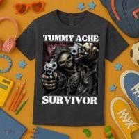 Tummy Ache Survivor Funny Cool Edgy Hard Skeleton Meme Kids T-Shirt thumb 3