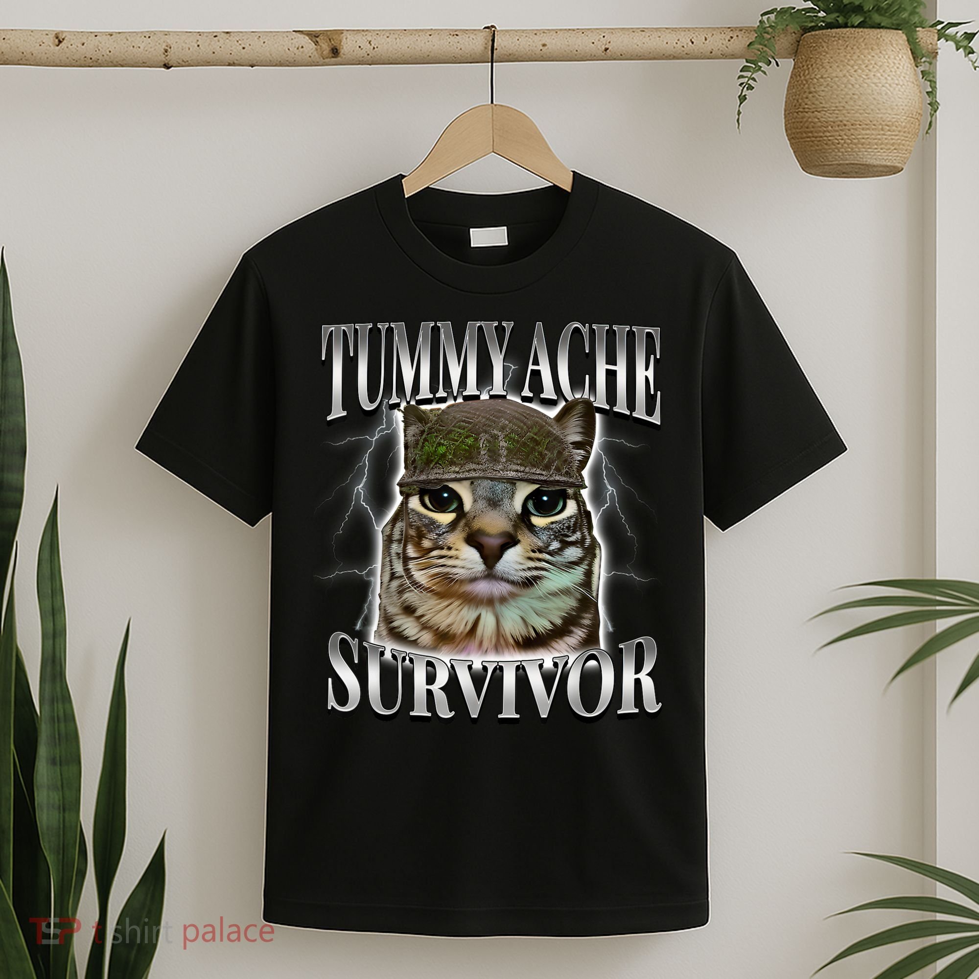 Tummy Ache Survivor Cat Meme Funny Saying Cats Animals  T-Shirt