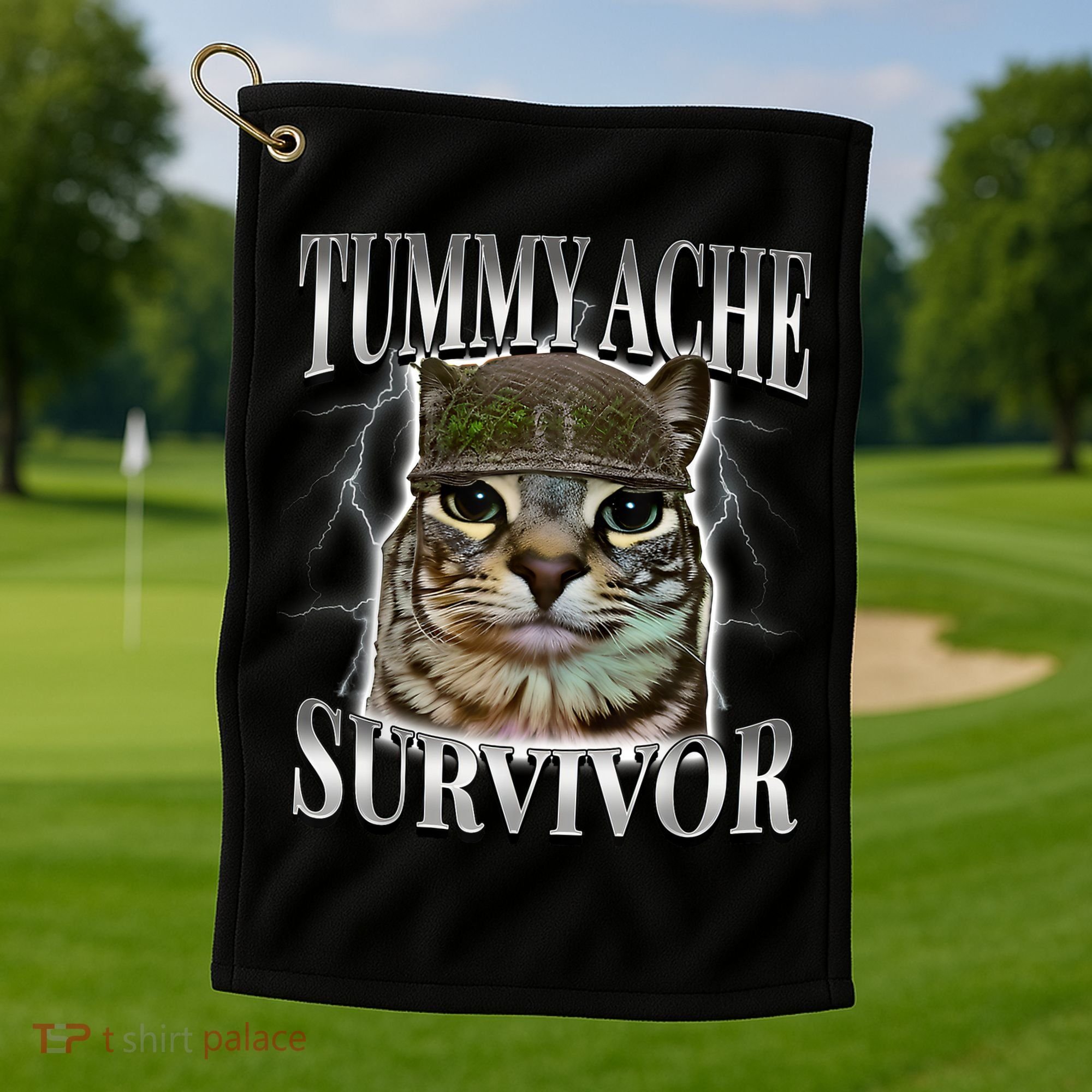 Tummy Ache Survivor Cat Meme Funny Saying Cats Animals  Golf Towel