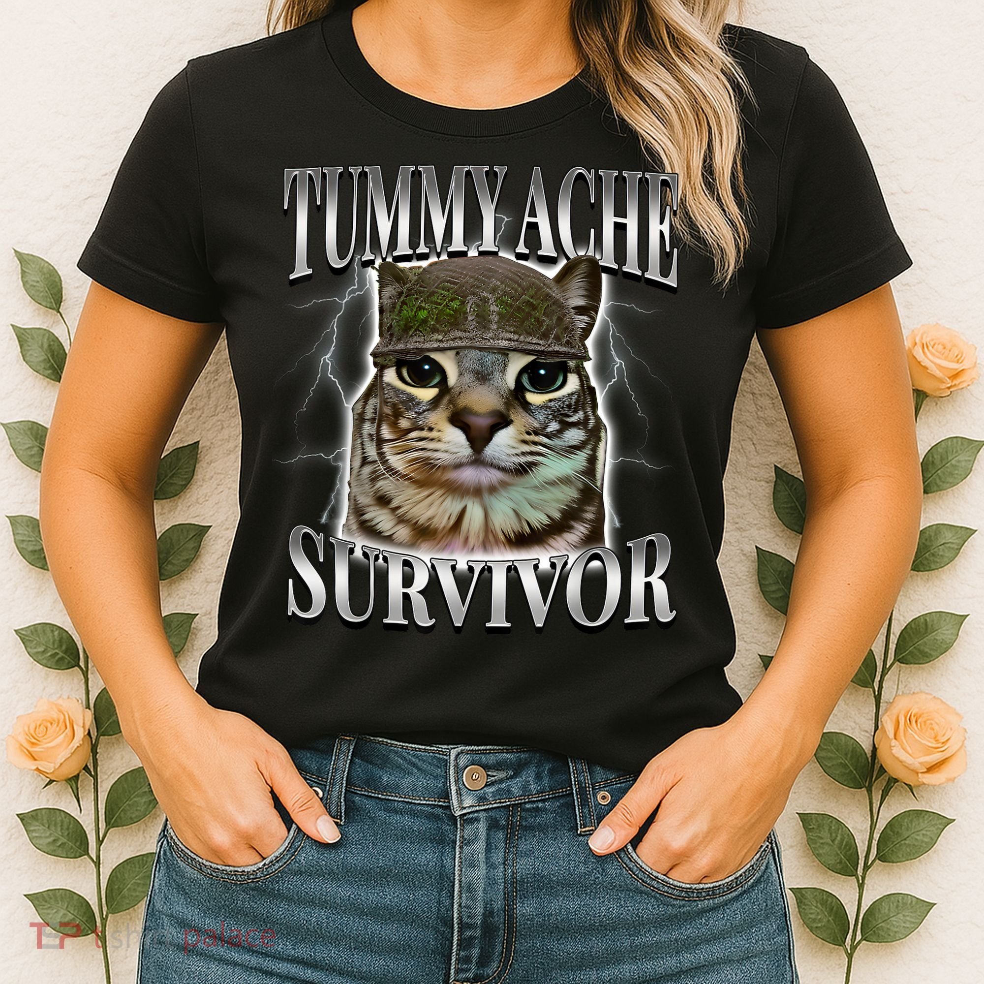 Tummy Ache Survivor Cat Meme Funny Saying Cats Animals  Women's T-Shirt