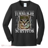 Tummy Ache Survivor Cat Meme Funny Saying Cats Animals  Kids Long Sleeve Shirt thumb 0