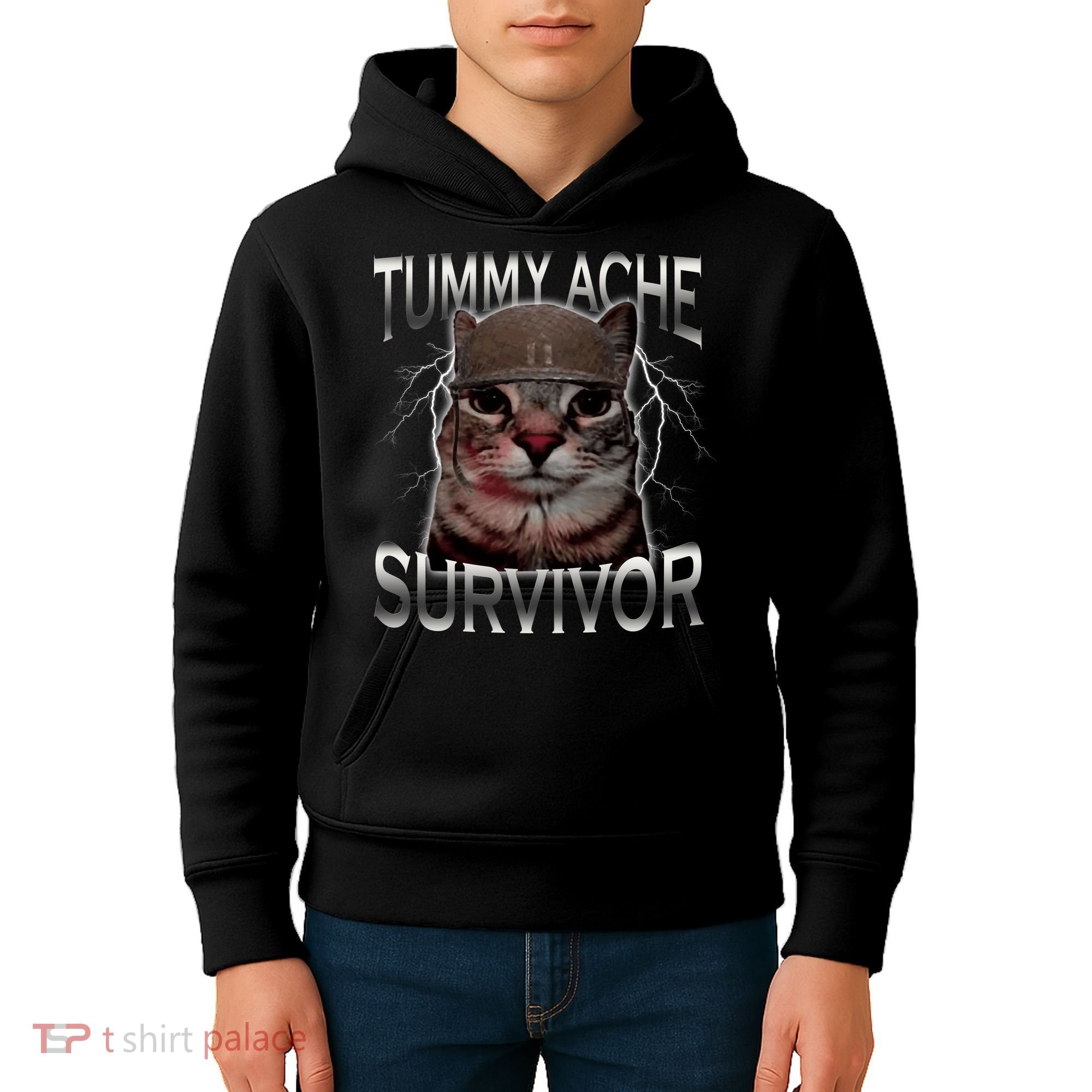 Tummy Ache Survivor Cat Meme Funny Saying Animals Kids Hoodie