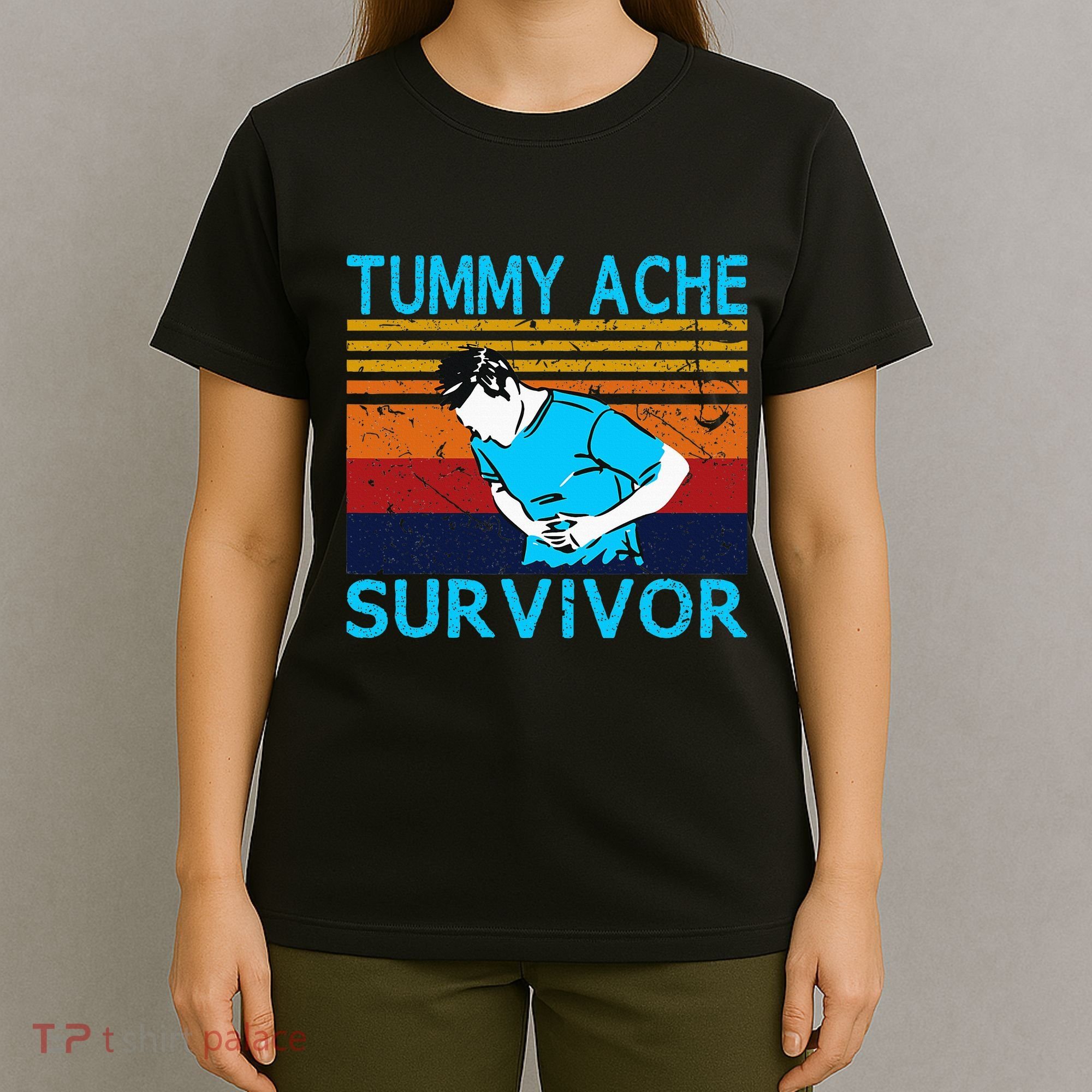 Tummy Ache Survivor Vintage Retro Sunset Stomach Hurts Memes T-Shirt