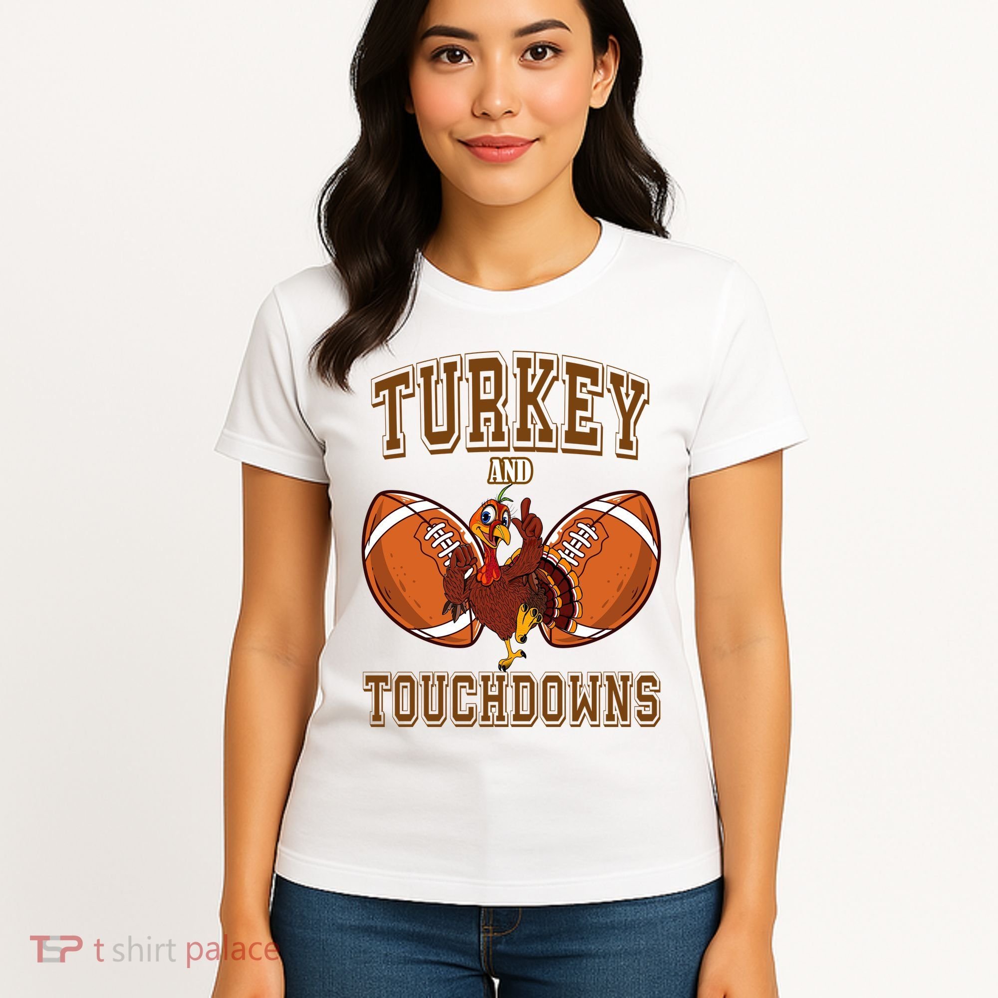 Turkey And Touchdowns Thanksgiving Football Women's T-Shirt