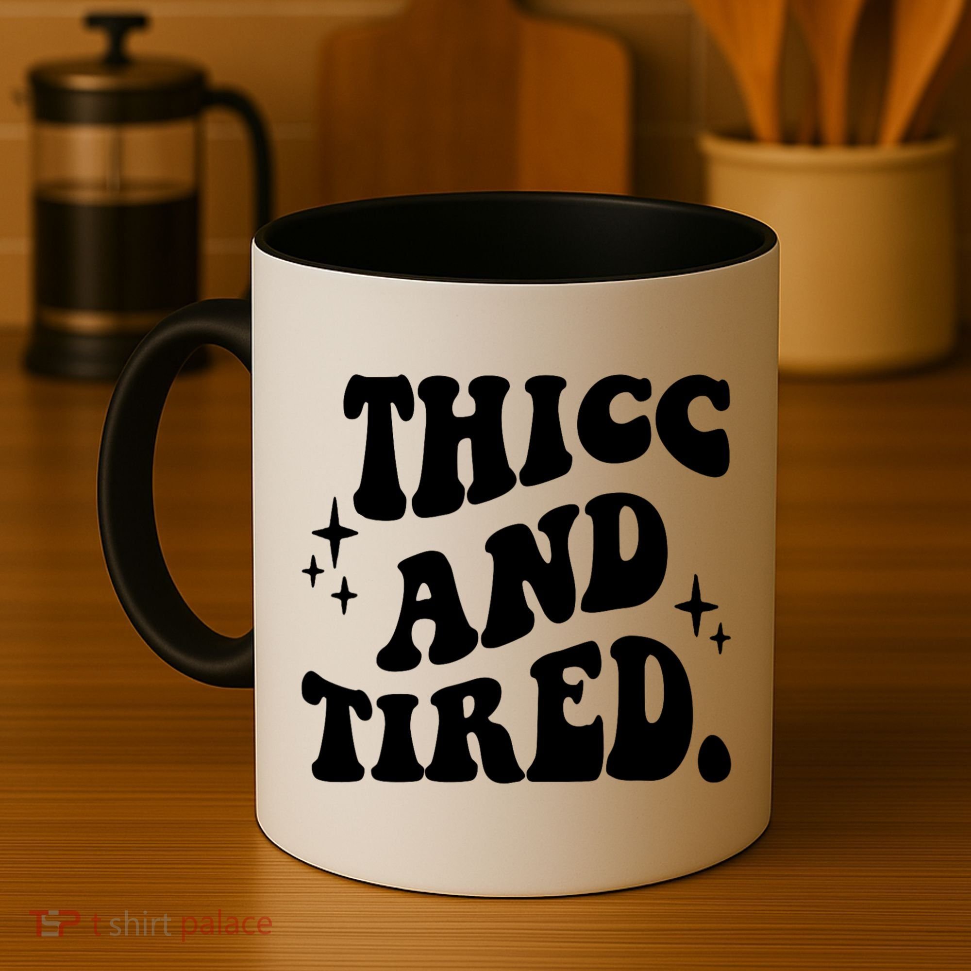 Thicc And Tired Funny Saying Groovy Coffee Mug
