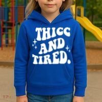 Thicc And Tired Funny Saying Groovy Kids Hoodie thumb 3