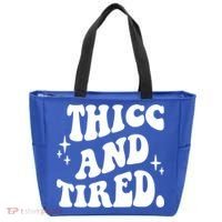 Thicc And Tired Funny Saying Groovy Tote Bag thumb 0