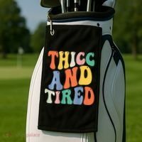 Thicc And Tired Funny Saying Groovy Women Thicc & Tired Golf Towel thumb 2