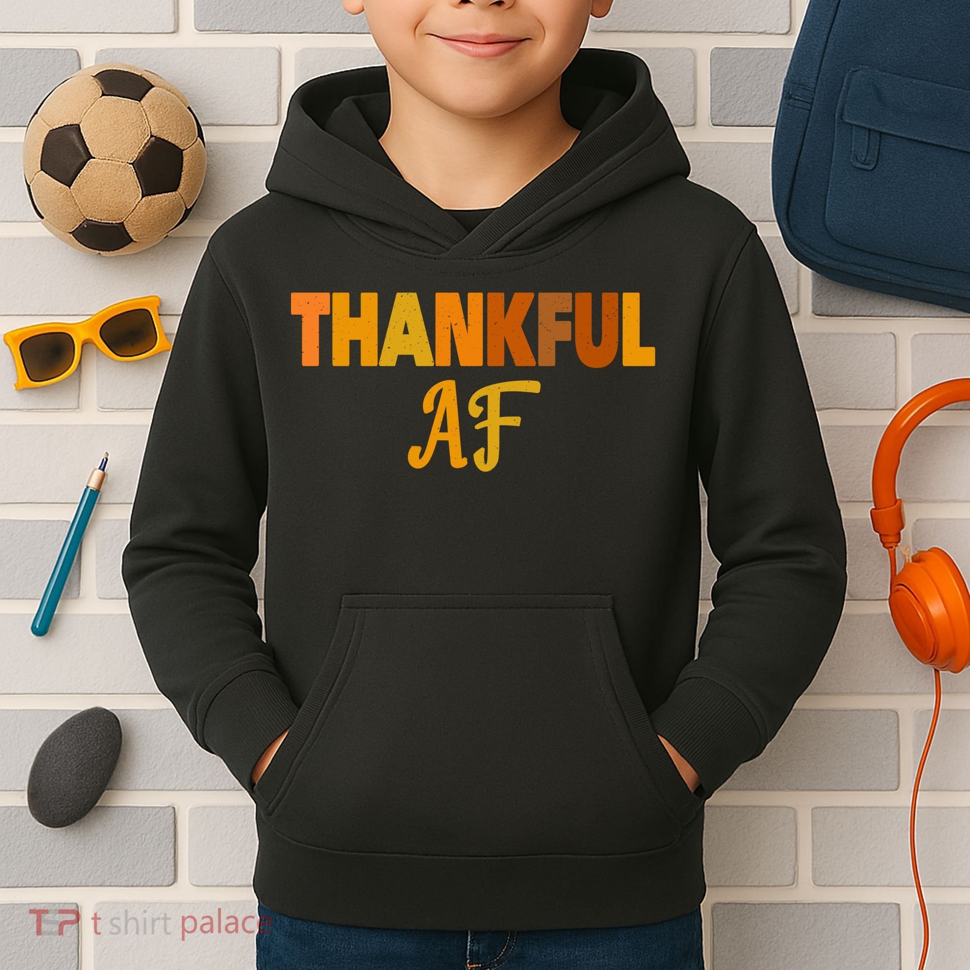 Thankful AF Turkey Trot Gift Funny Thanksgiving Kids Hoodie