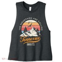 Tennessee Awaits The Mountains Are Calling Smokey Mountains Women's Racerback Cropped Tank thumb 0