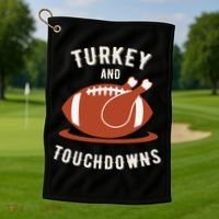 Turkey And Touchdowns Funny Thanksgiving Golf Towel thumb 1