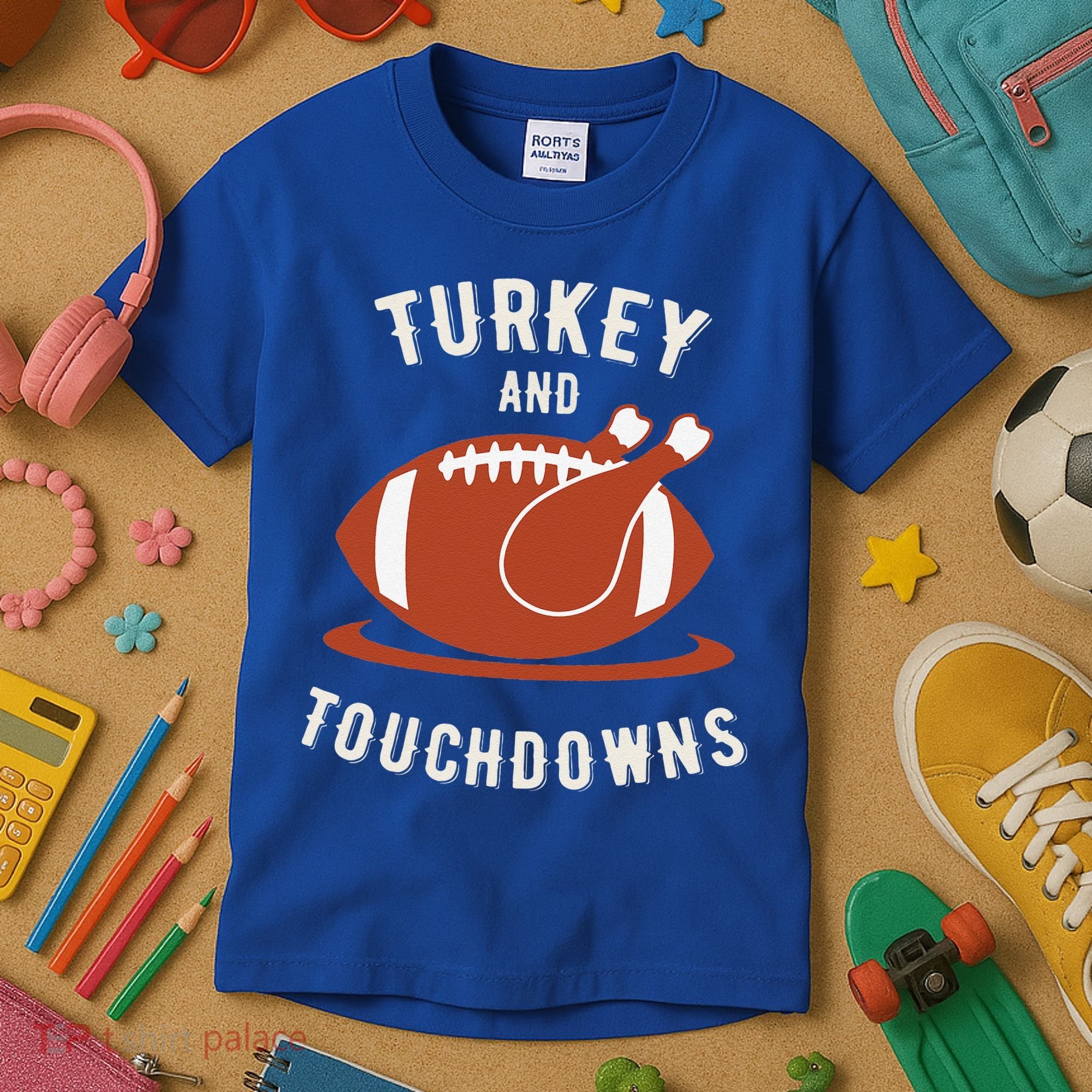 Turkey And Touchdowns Funny Thanksgiving Kids T-Shirt