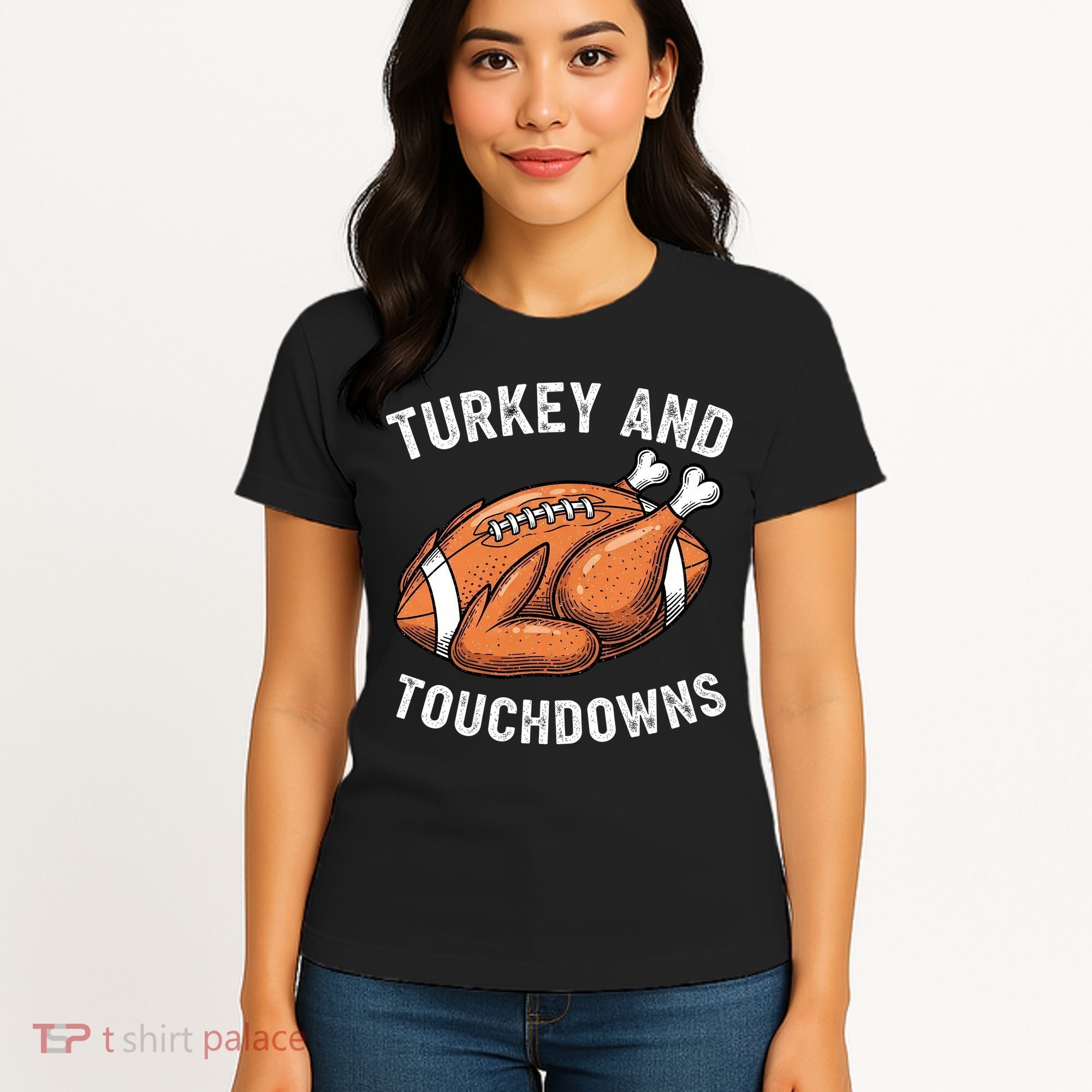 Turkey And Touchdowns Funny Thanksgiving Football Fan Women's T-Shirt