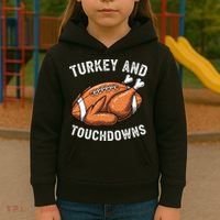 Turkey And Touchdowns Funny Thanksgiving Football Fan Kids Hoodie thumb 3