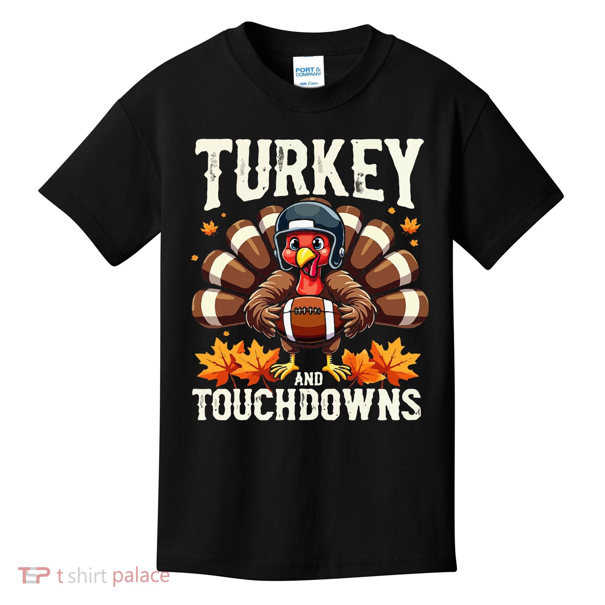 Turkey And Touchdowns Football Thanksgiving Kids T-Shirt