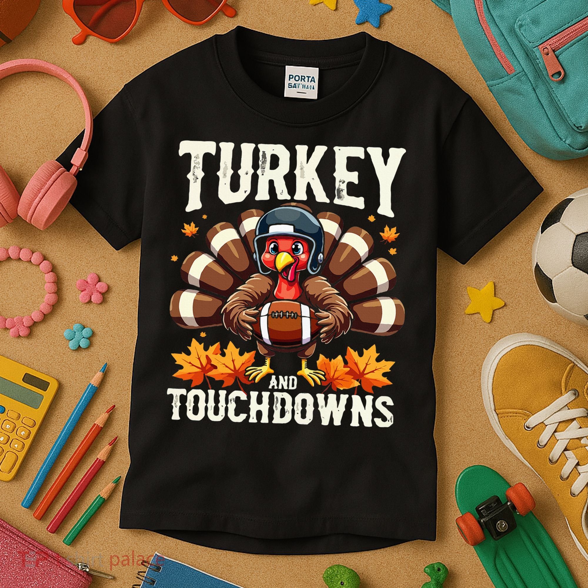 Turkey And Touchdowns Football Thanksgiving Kids T-Shirt