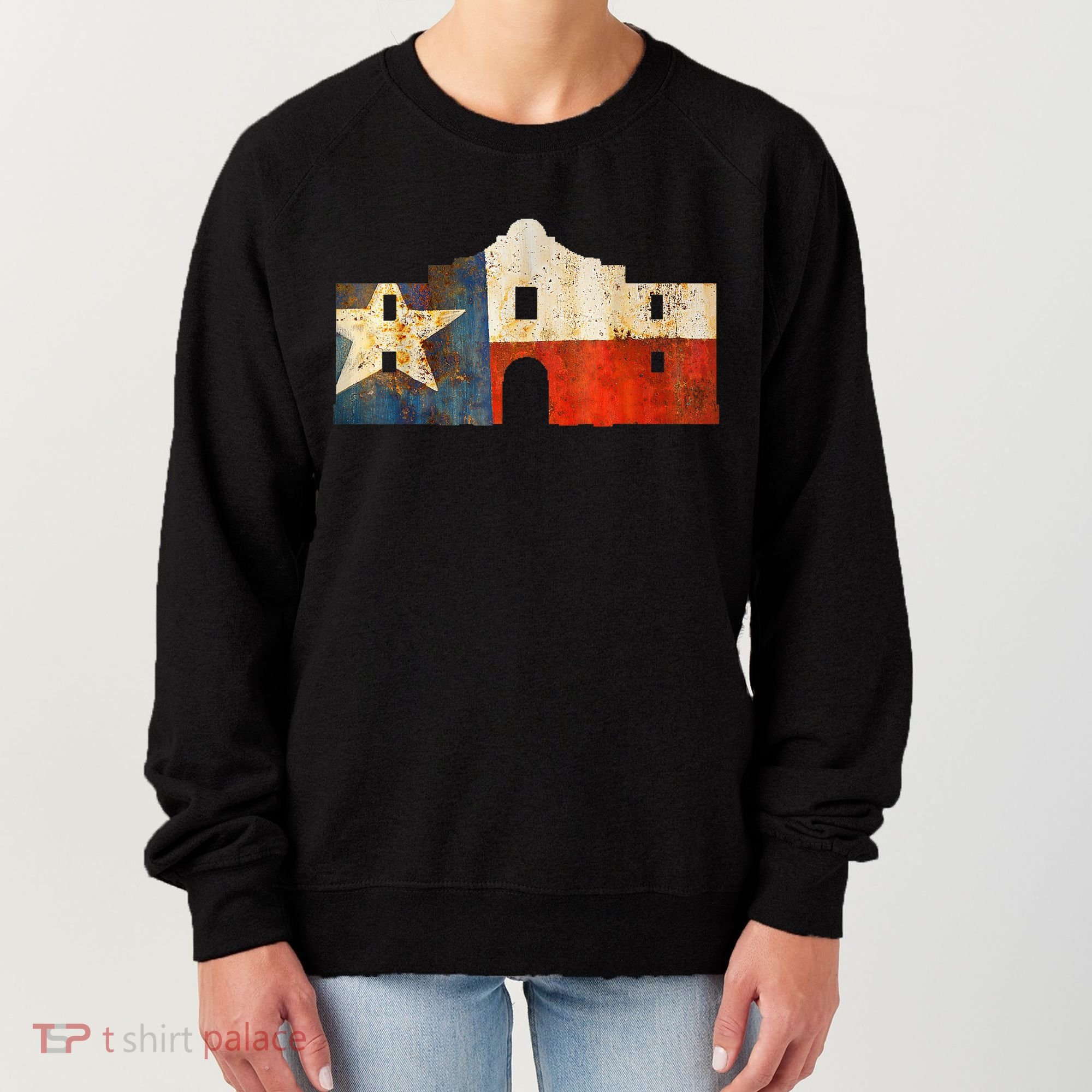 Texas Alamo Wrapped In A Rustic Texas Flag Women's Sweatshirt