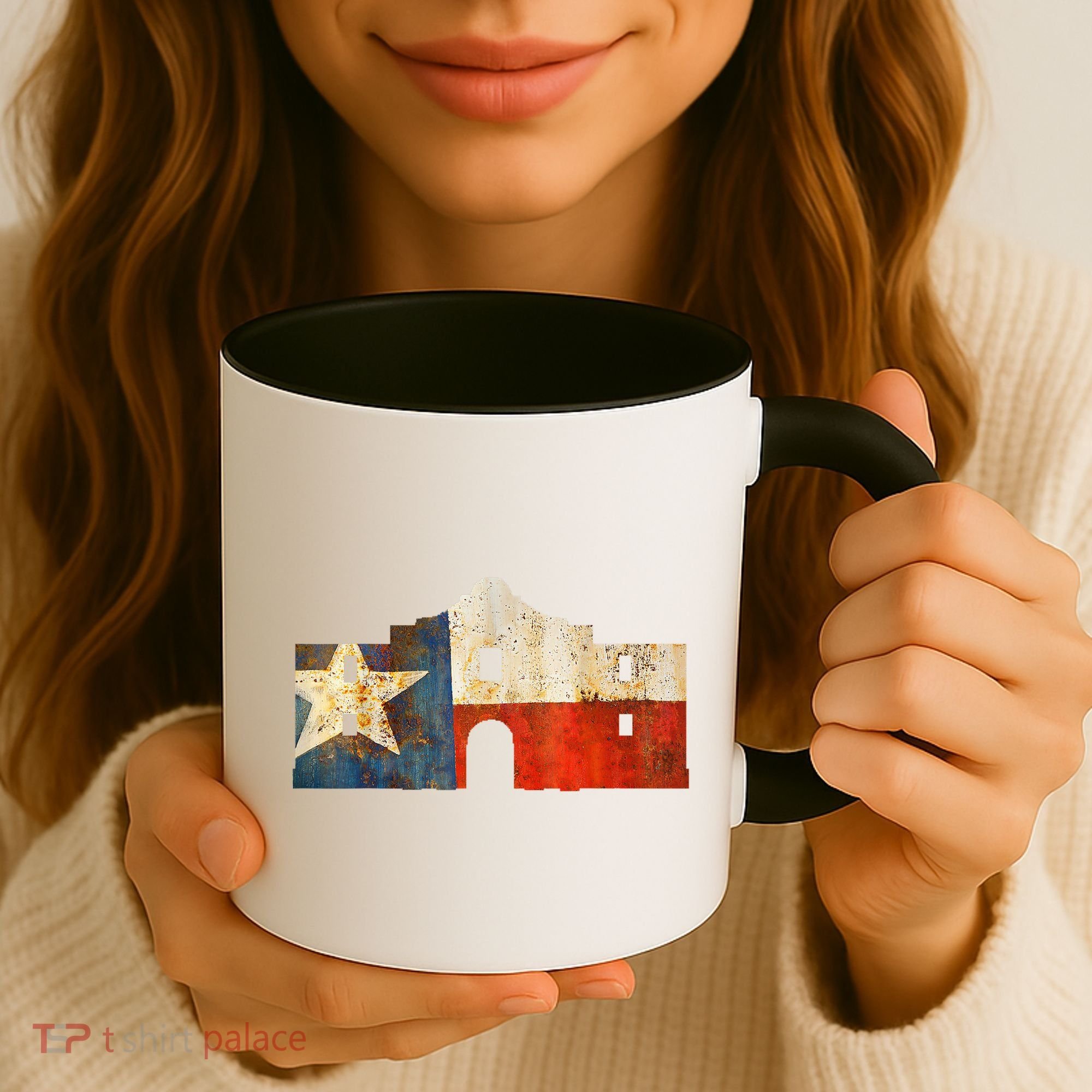 Texas Alamo Wrapped In A Rustic Texas Flag Coffee Mug