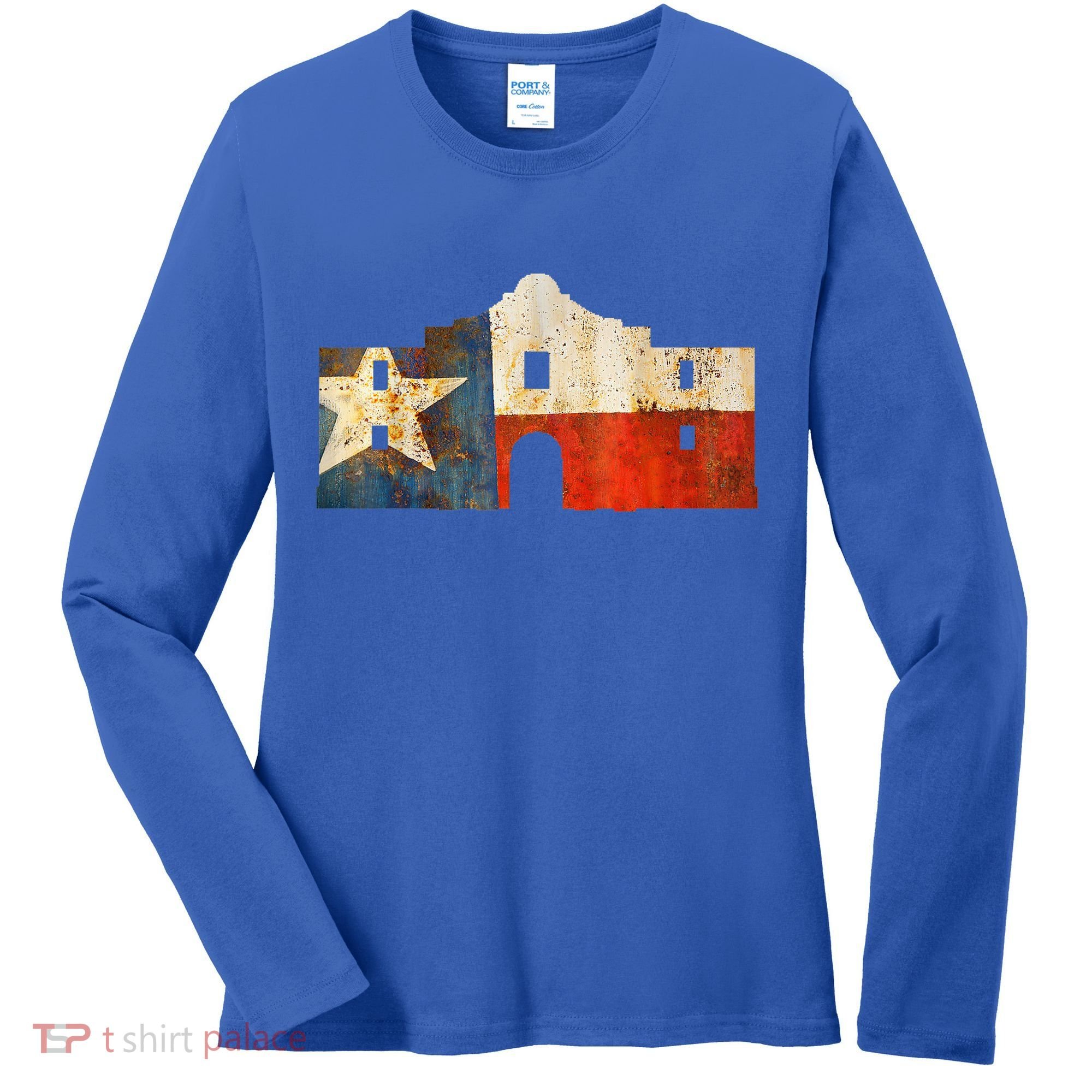 Texas Alamo Wrapped In A Rustic Texas Flag Women's Long Sleeve Shirt