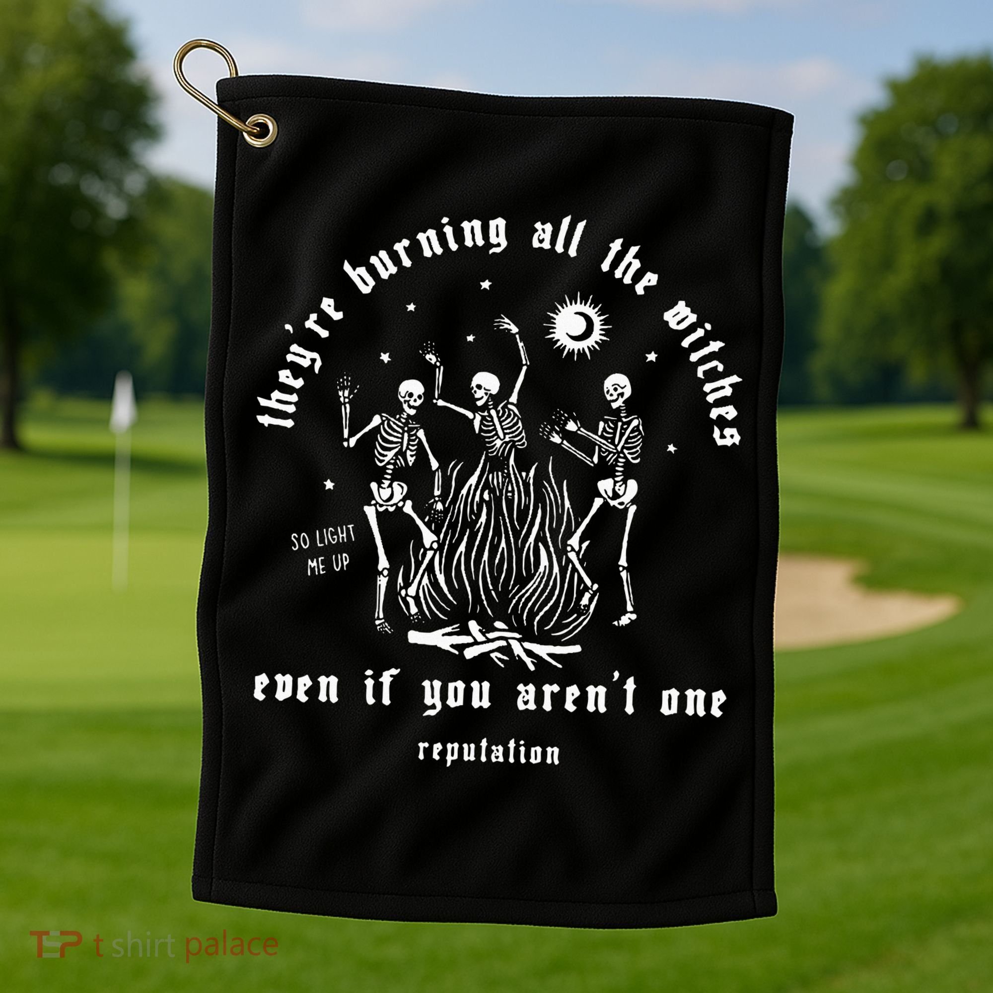 TheyRe Burning All The Witches Halloween Skeleton Dancing Golf Towel