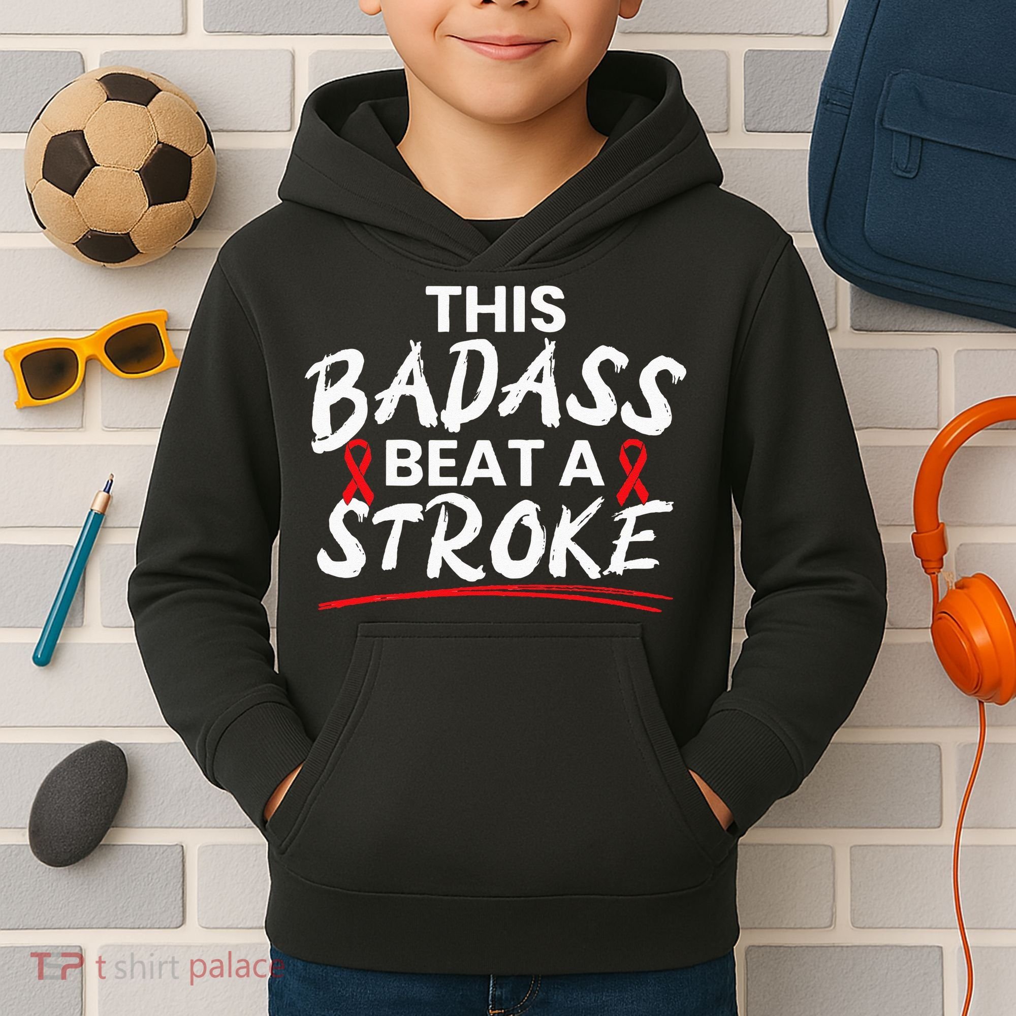 This Badass Beat A Stroke Awareness Brain Attack I Wear Red Kids Hoodie