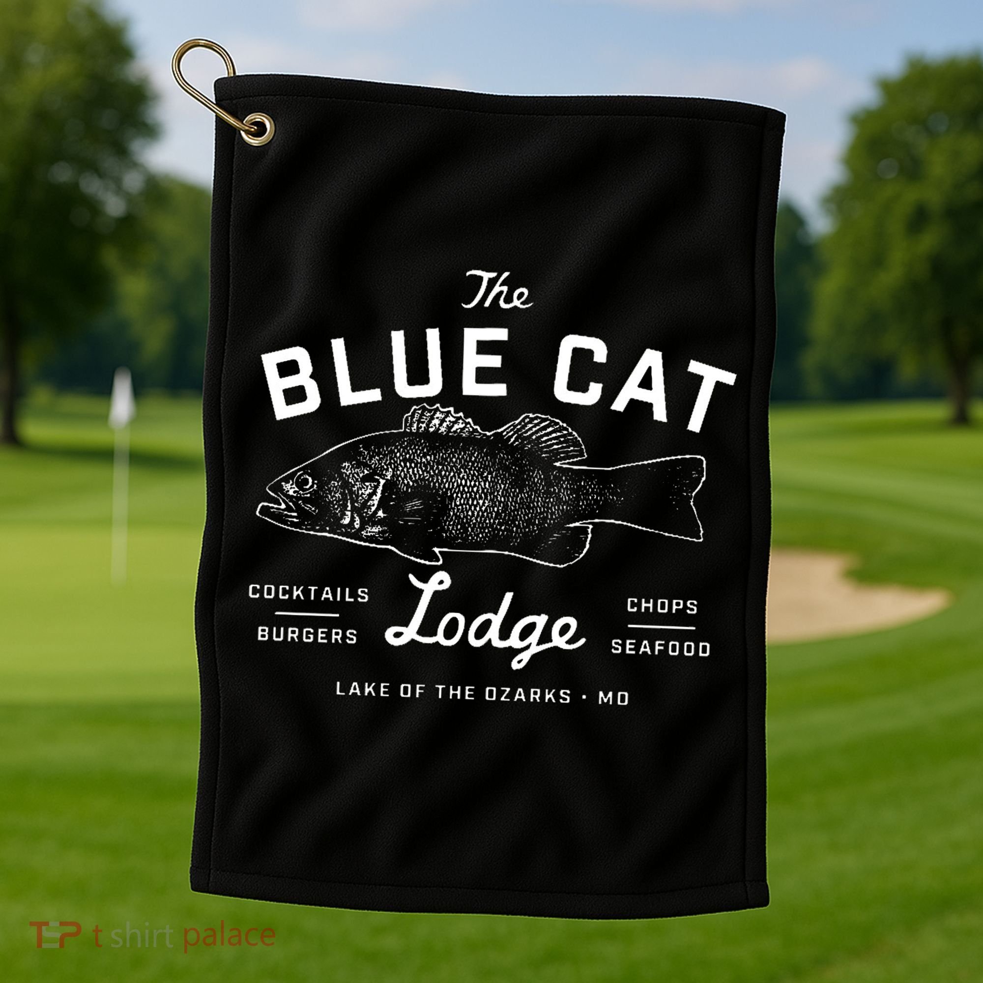 The Blue Cat Lodge Lake Of Ozarks Fish Golf Towel