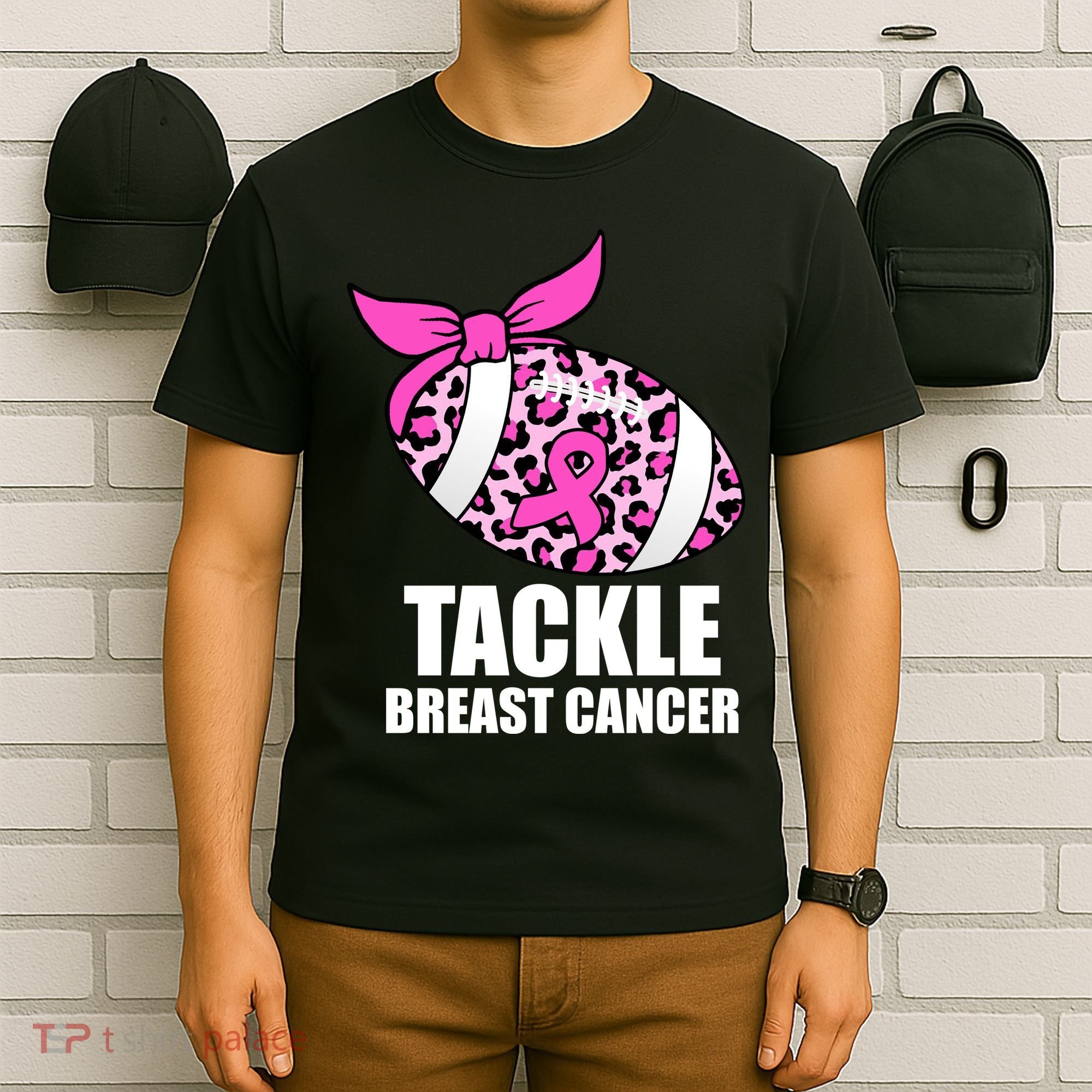 Tackle Breast Cancer Pink Leopard Football T-Shirt